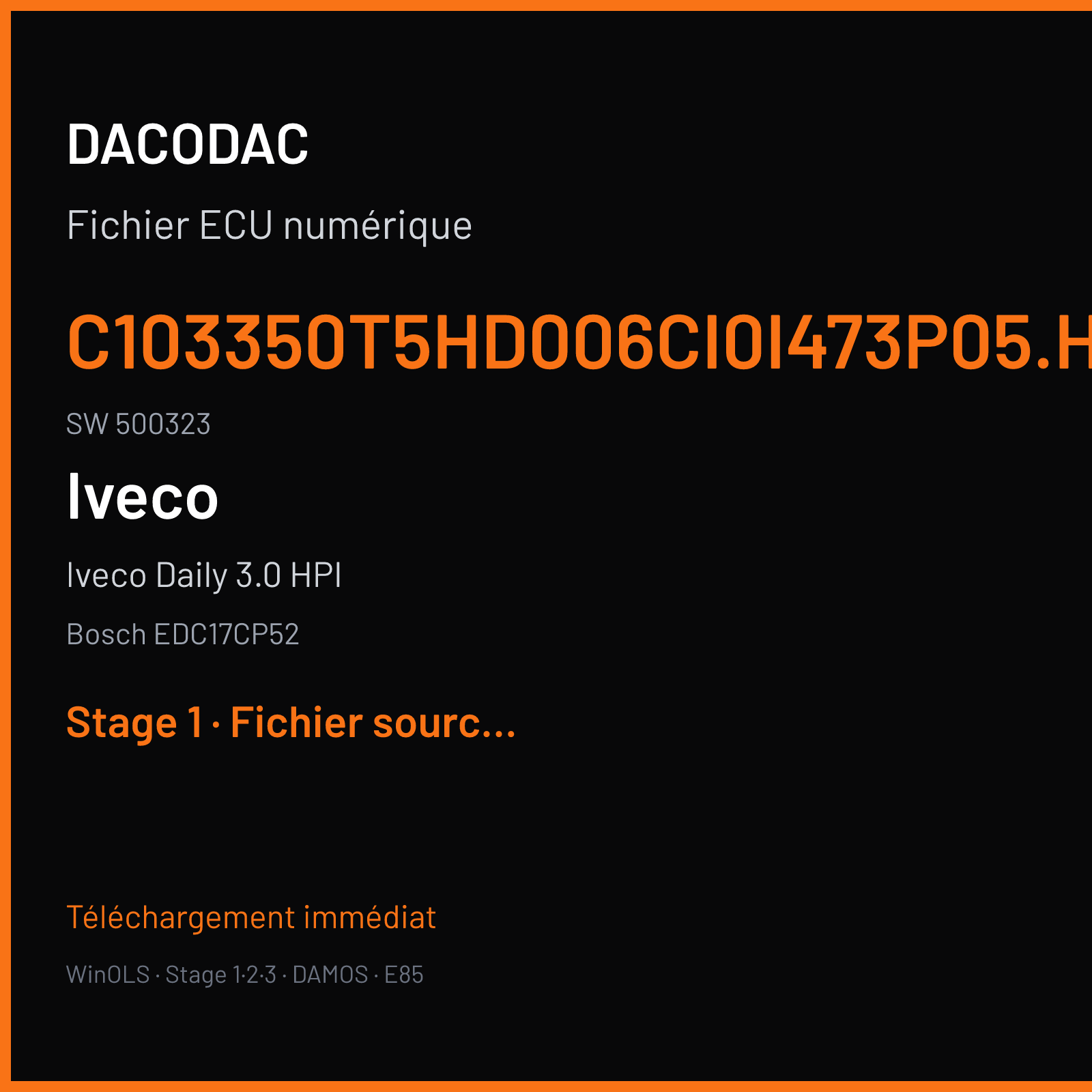 Iveco Daily 3.0 HPI (2012) — Bosch EDC17CP52 — C103350T5HD006CI0I473P05.HEX · 500323 — Stage 1