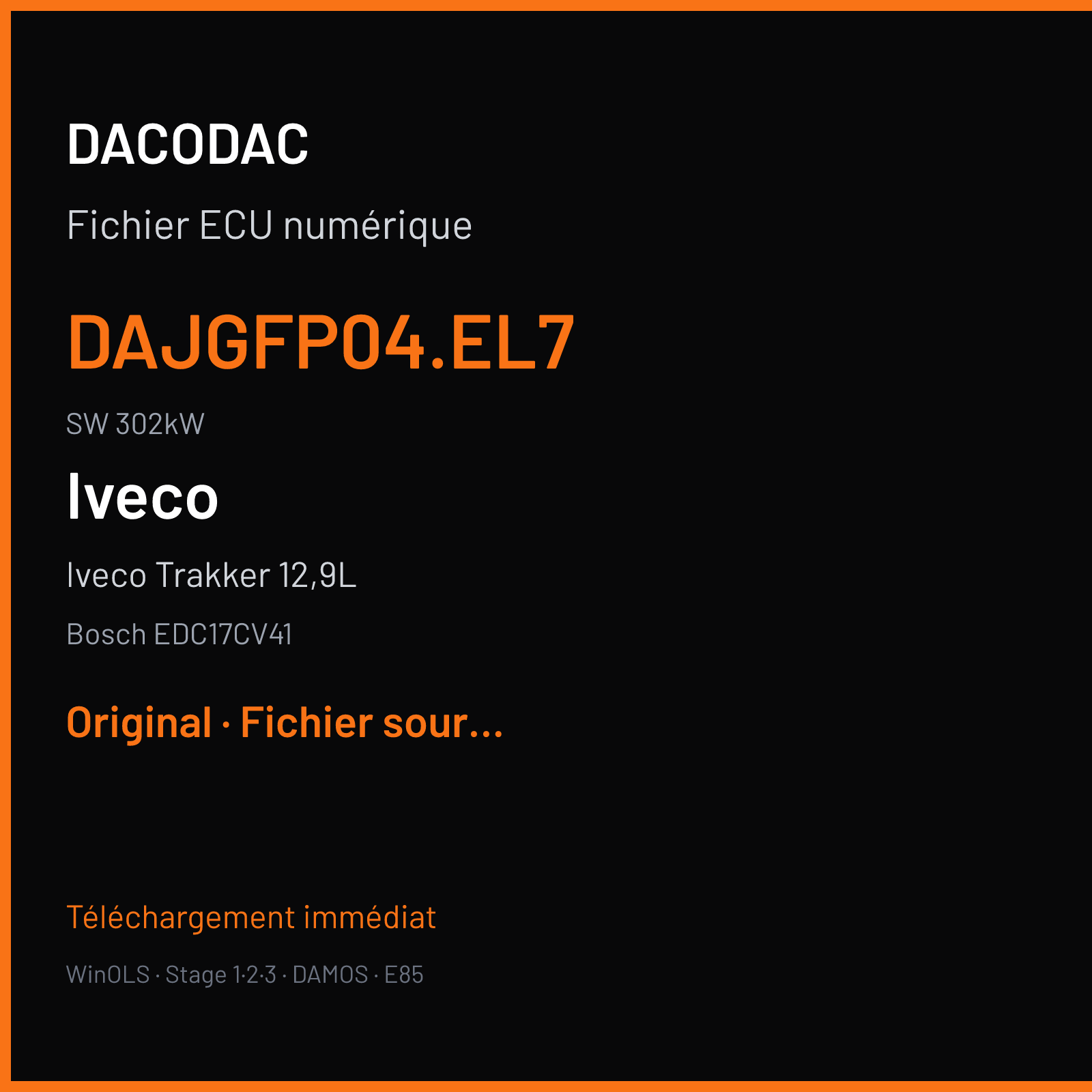 Iveco Trakker 12,9L 411 ch (2016) — Bosch EDC17CV41 — Dajgfp04.el7 · 302kW · EVI 05.2015 504388754 1037511206 P 662 61 — Original