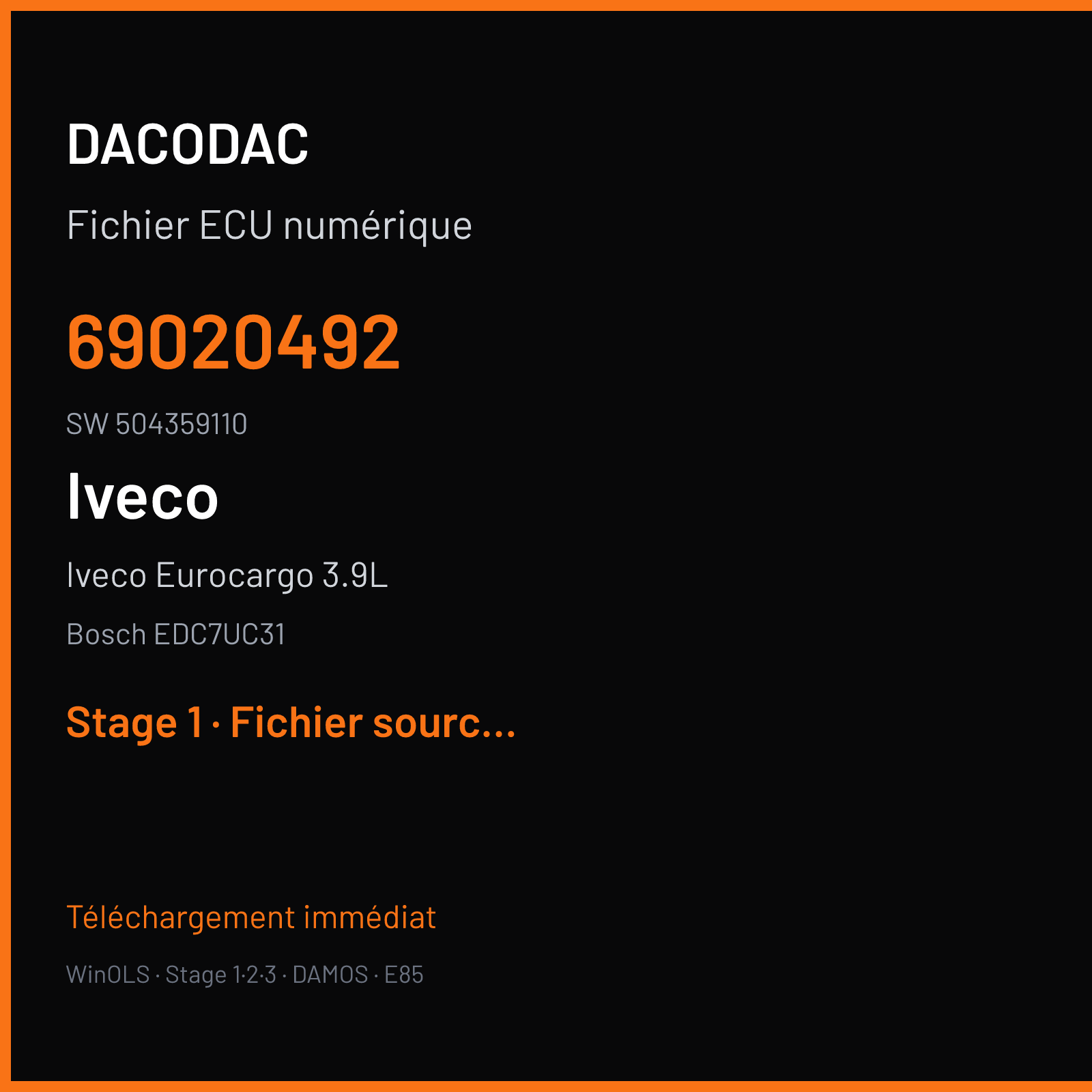 Iveco Eurocargo 3.9L 160 ch (2010) — Bosch EDC7UC31 — 69020492 · 504359110 · 380620 — Stage 1