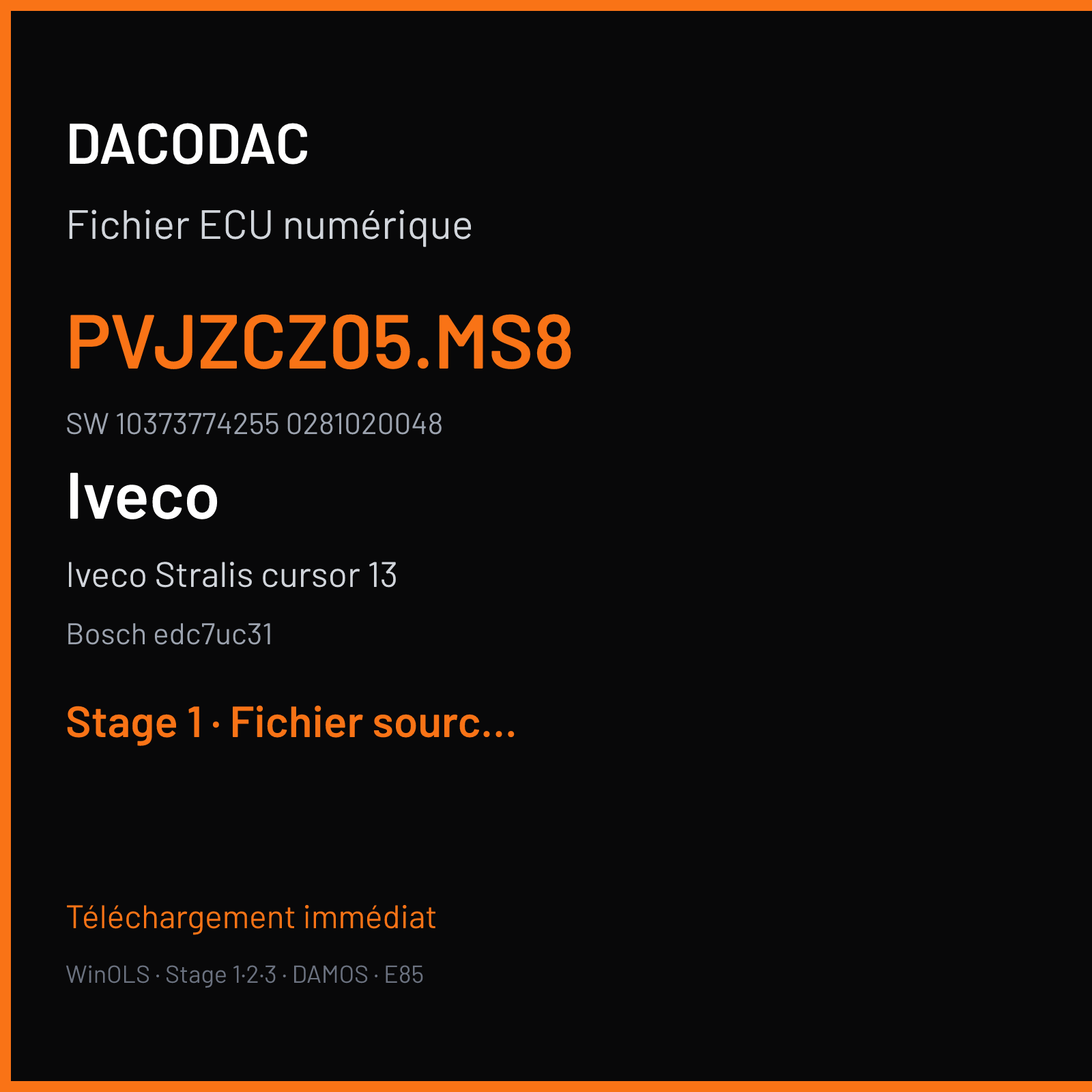 Iveco Stralis cursor 13 (2018) — Bosch edc7uc31 — pvjzcz05.ms8 · 10373774255 0281020048 — Stage 1