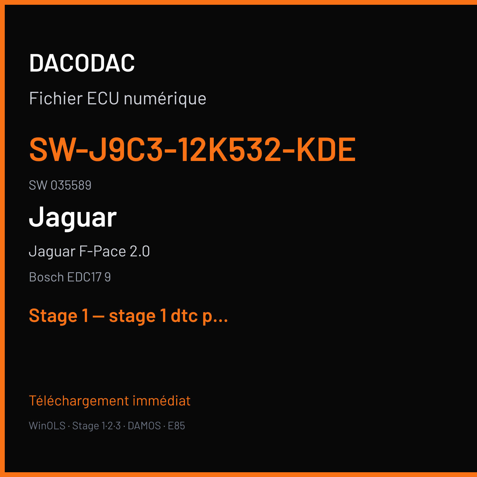 Jaguar F-Pace 2.0 (2018) — Bosch EDC17 9 — SW-J9C3-12K532-KDE · 035589 — Stage 1 — stage 1 dtc patch special request
