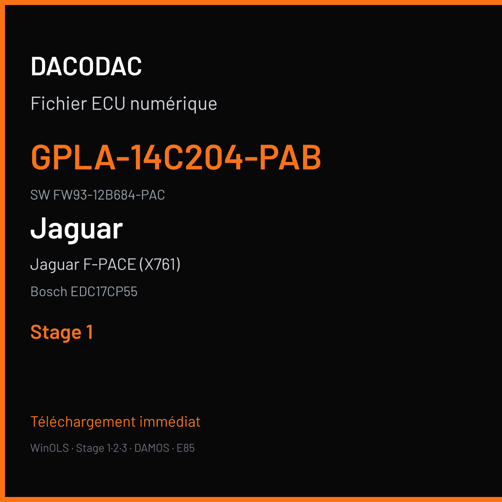 Jaguar F-PACE (X761) 296 ch — Bosch EDC17CP55 — GPLA-14C204-PAB · FW93-12B684-PAC · 030086 — Stage 1