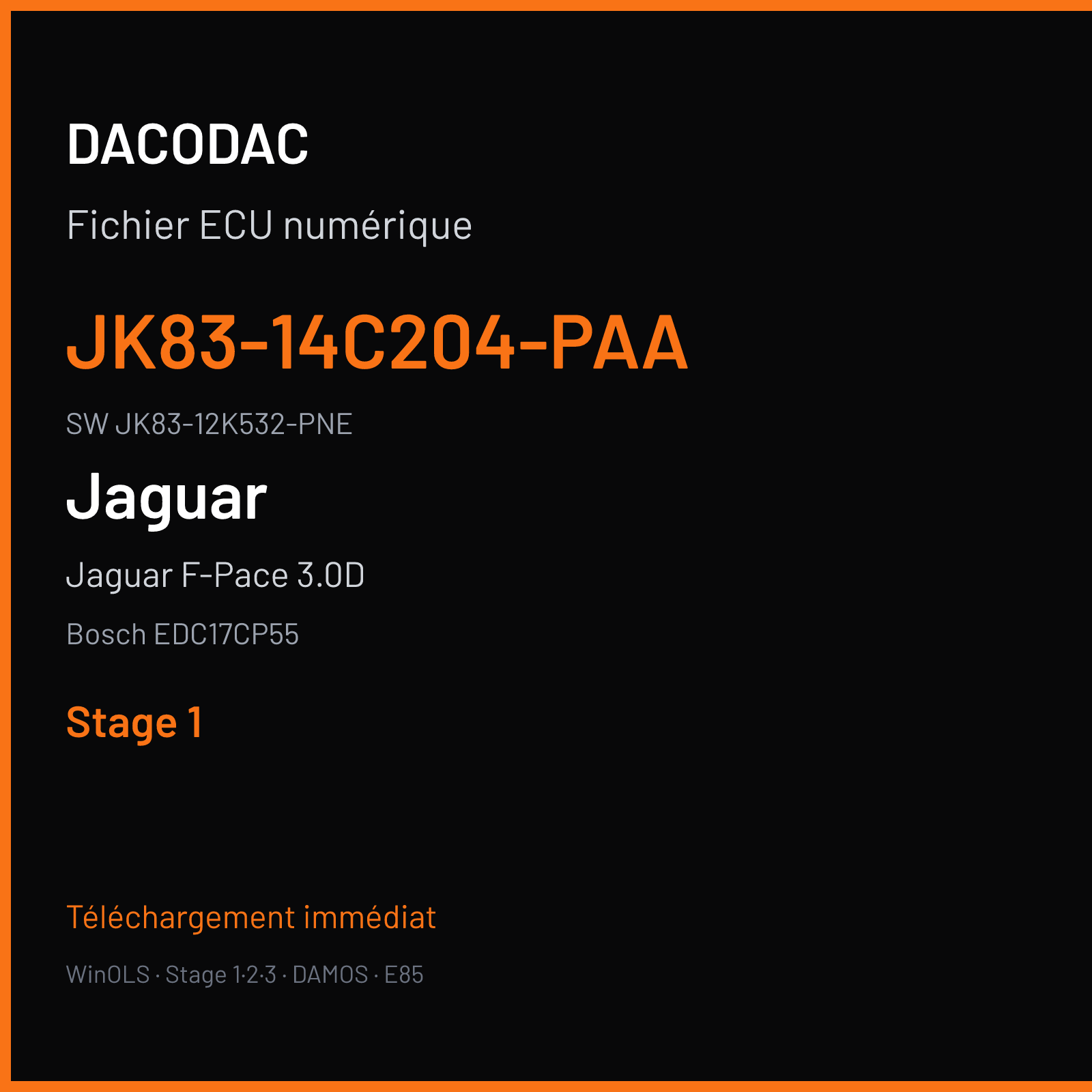 Jaguar F-Pace 3.0D 300 ch (2017) — Bosch EDC17CP55 — JK83-14C204-PAA · JK83-12K532-PNE · 020370 — Stage 1