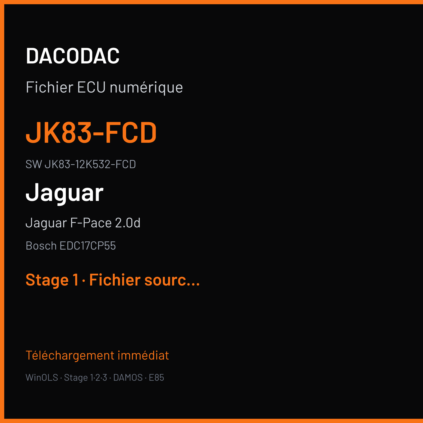 Jaguar F-Pace 2.0d 180 ch (2017) — Bosch EDC17CP55 — JK83-FCD · JK83-12K532-FCD · 022512 — Stage 1