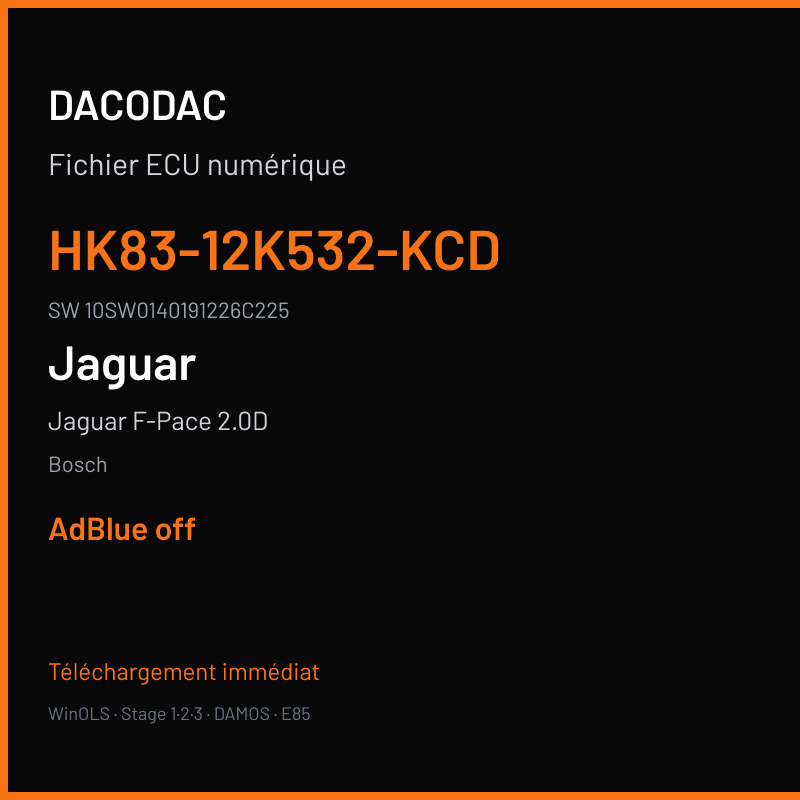 Jaguar F-Pace 2.0D 180 ch (2017) — Bosch — HK83-12K532-KCD · 10SW0140191226C225 · 014019 MEDC17.9 — ADBLUE off
