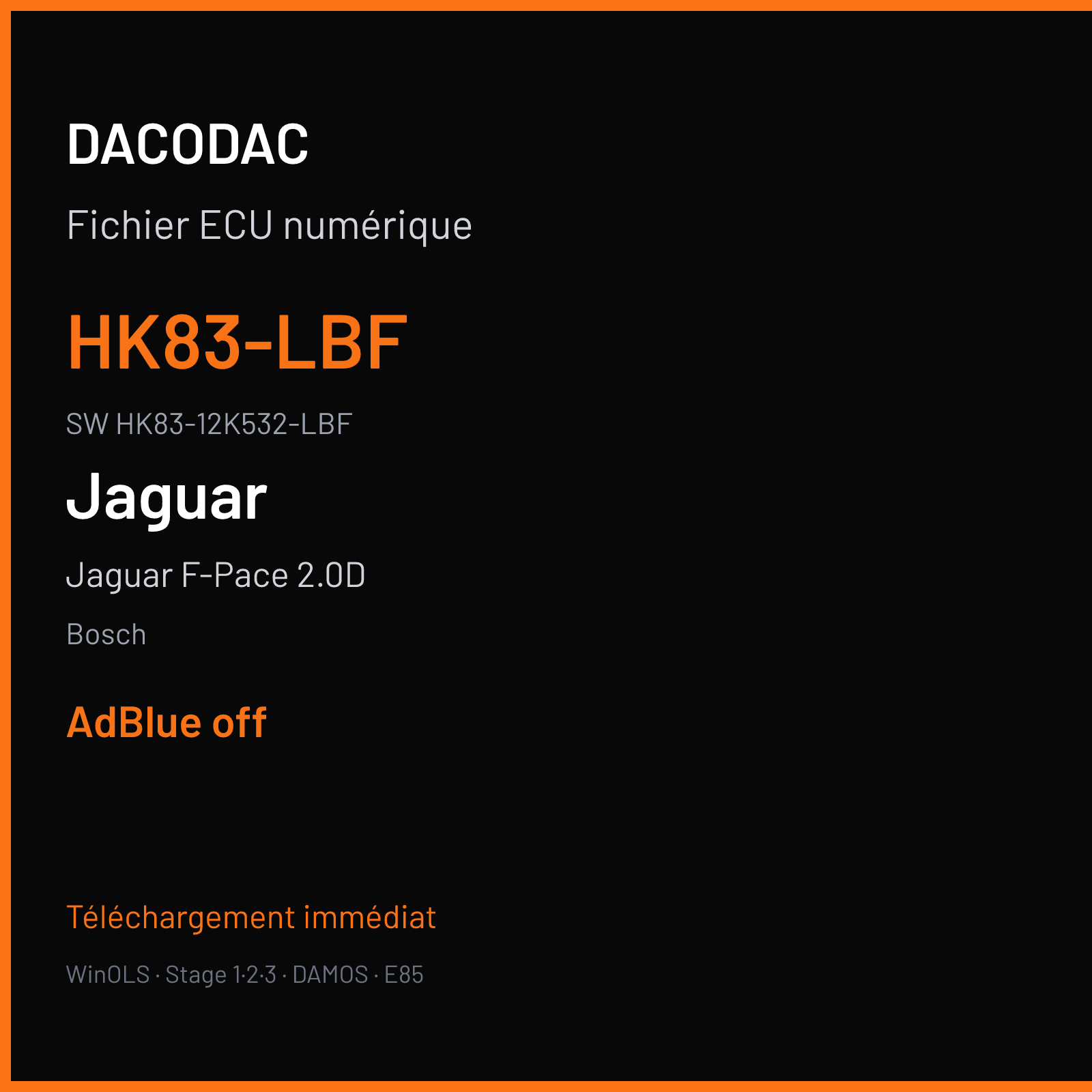 Jaguar F-Pace 2.0D 180 ch (2019) — Bosch — HK83-LBF · HK83-12K532-LBF · 023733 MEDC17.9 — ADBLUE off