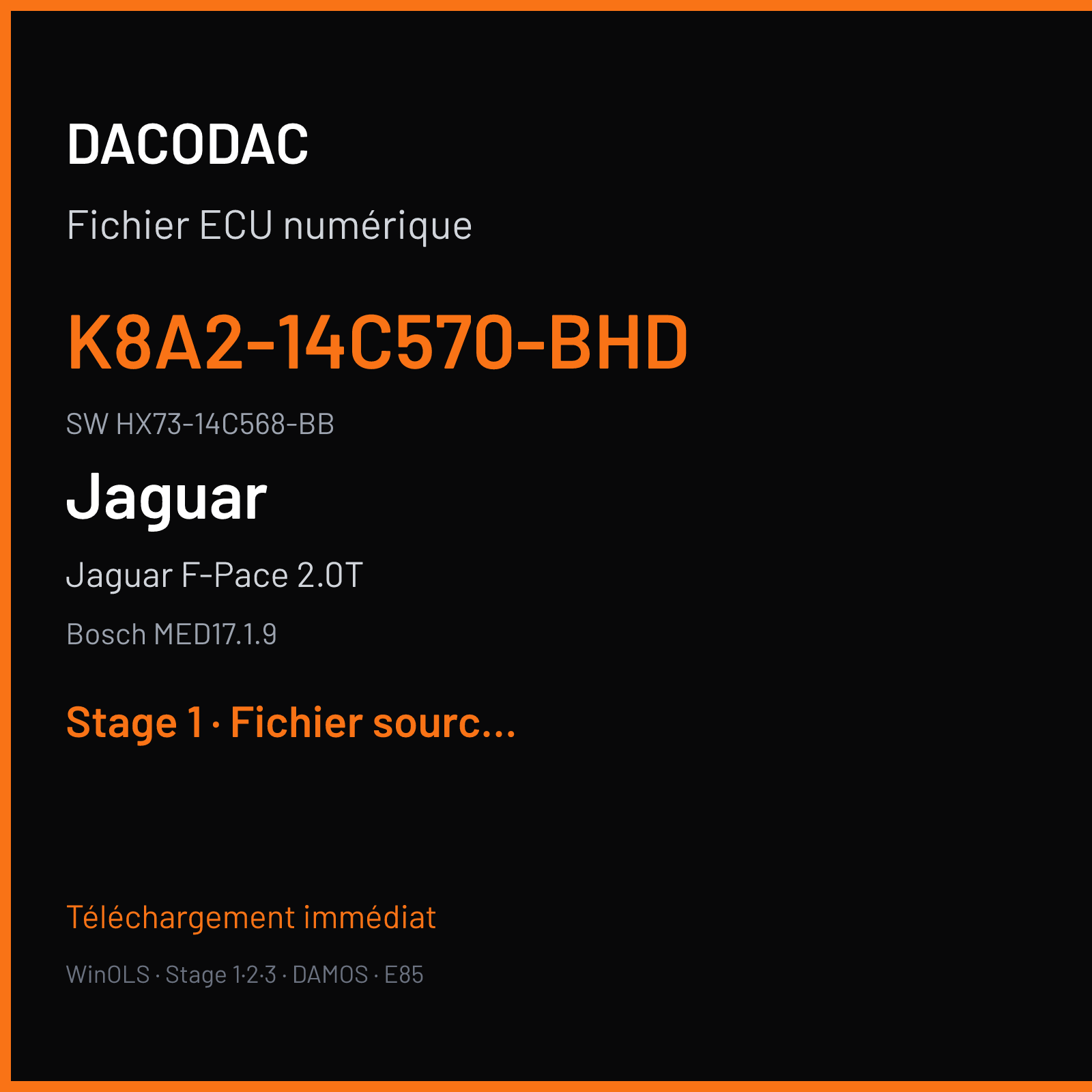 Jaguar F-Pace 2.0T 250 ch (2019) — Bosch MED17.1.9 — K8A2-14C570-BHD · HX73-14C568-BB · 044373 — Stage 1