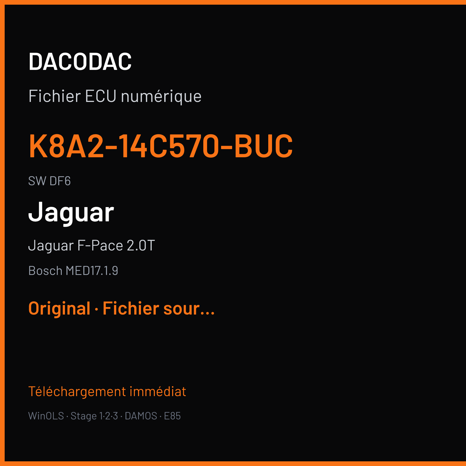 Jaguar F-Pace 2.0T 300 ch (2019) — Bosch MED17.1.9 — K8A2-14C570-BUC · DF6 · HX73-14C568-BB 038590 — Original