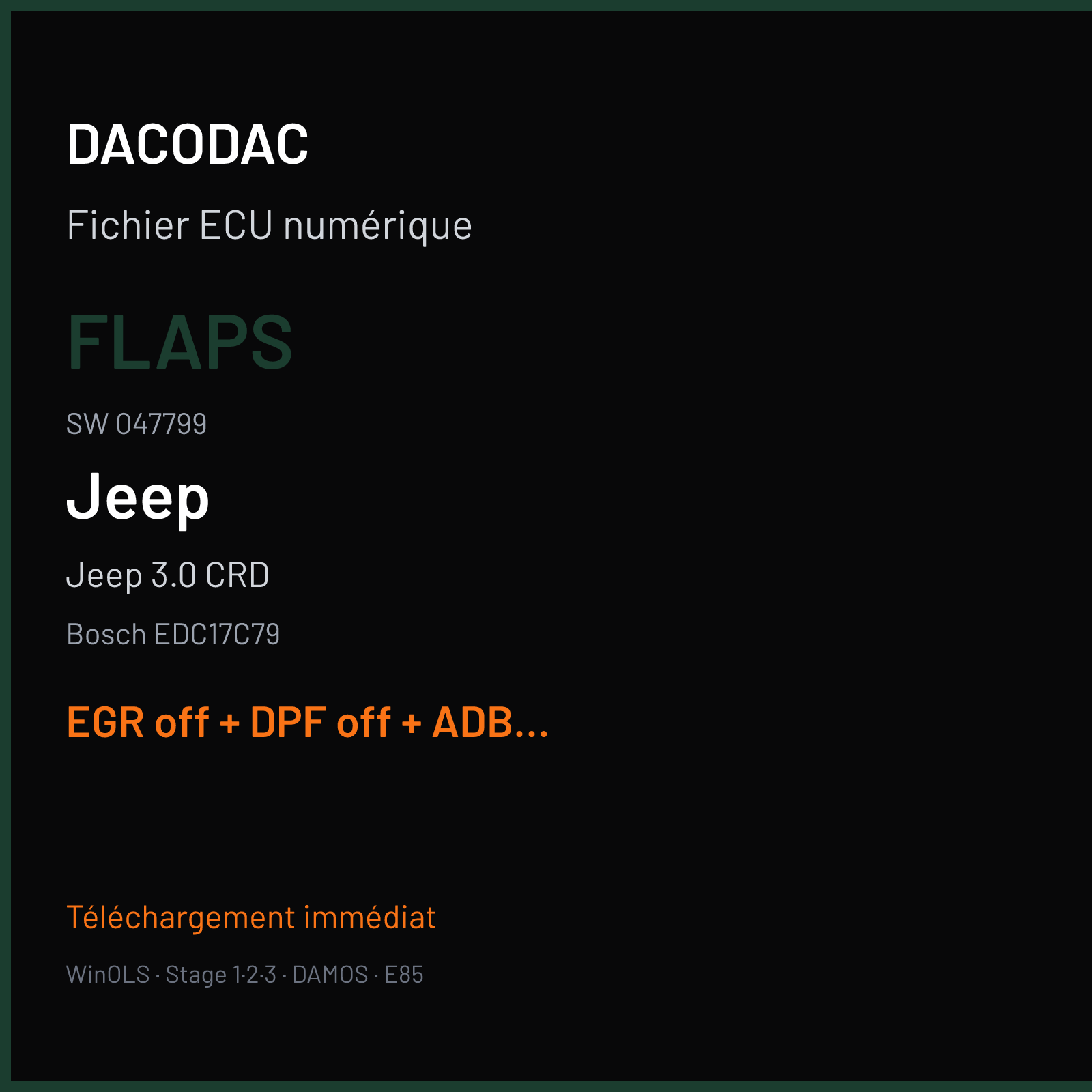 Jeep 3.0 CRD (2012) — Bosch EDC17C79 — FLAPS · 047799 — EGR off + DPF off + ADBLUE off