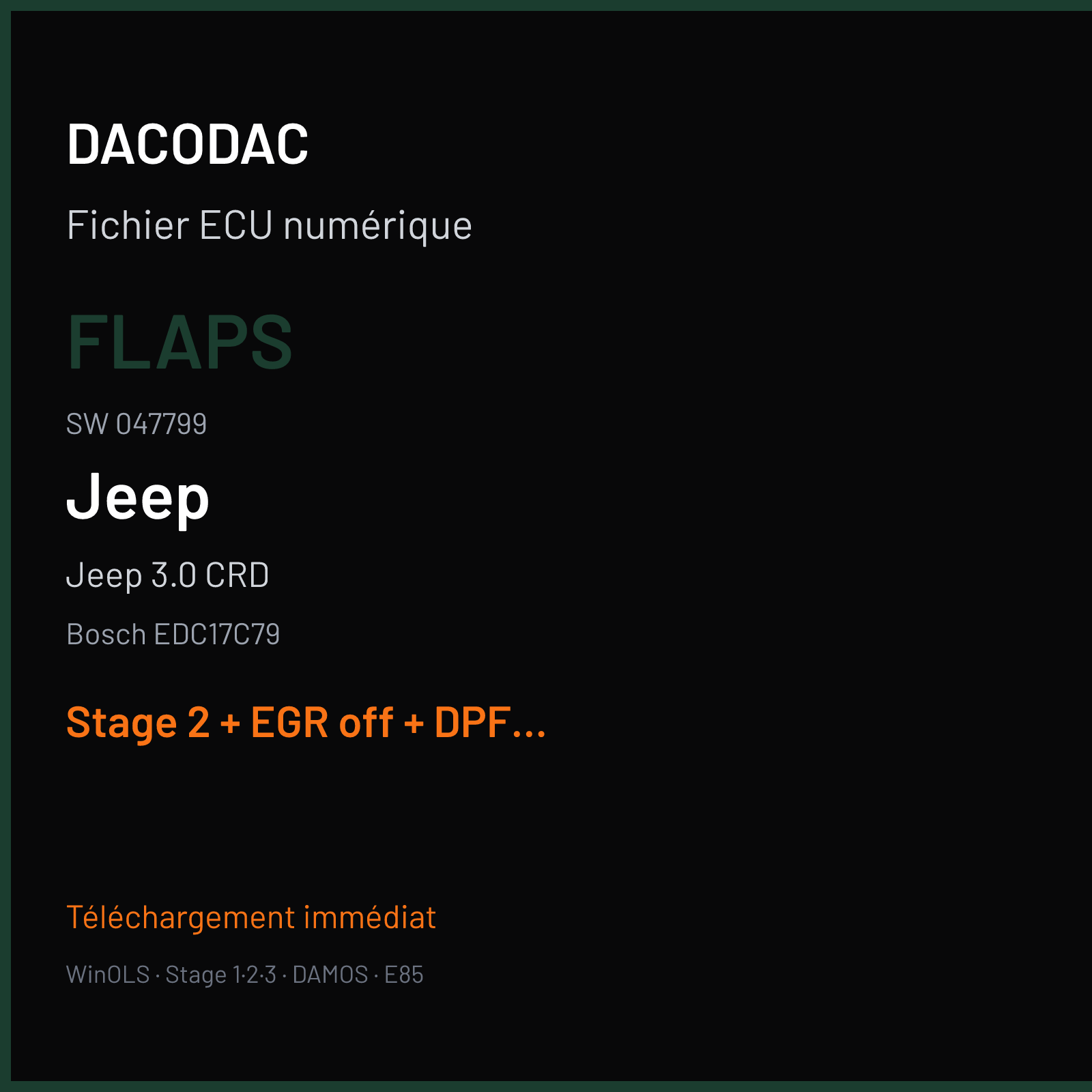 Jeep 3.0 CRD (2012) — Bosch EDC17C79 — FLAPS · 047799 — Stage 2 + EGR off + DPF off + ADBLUE off