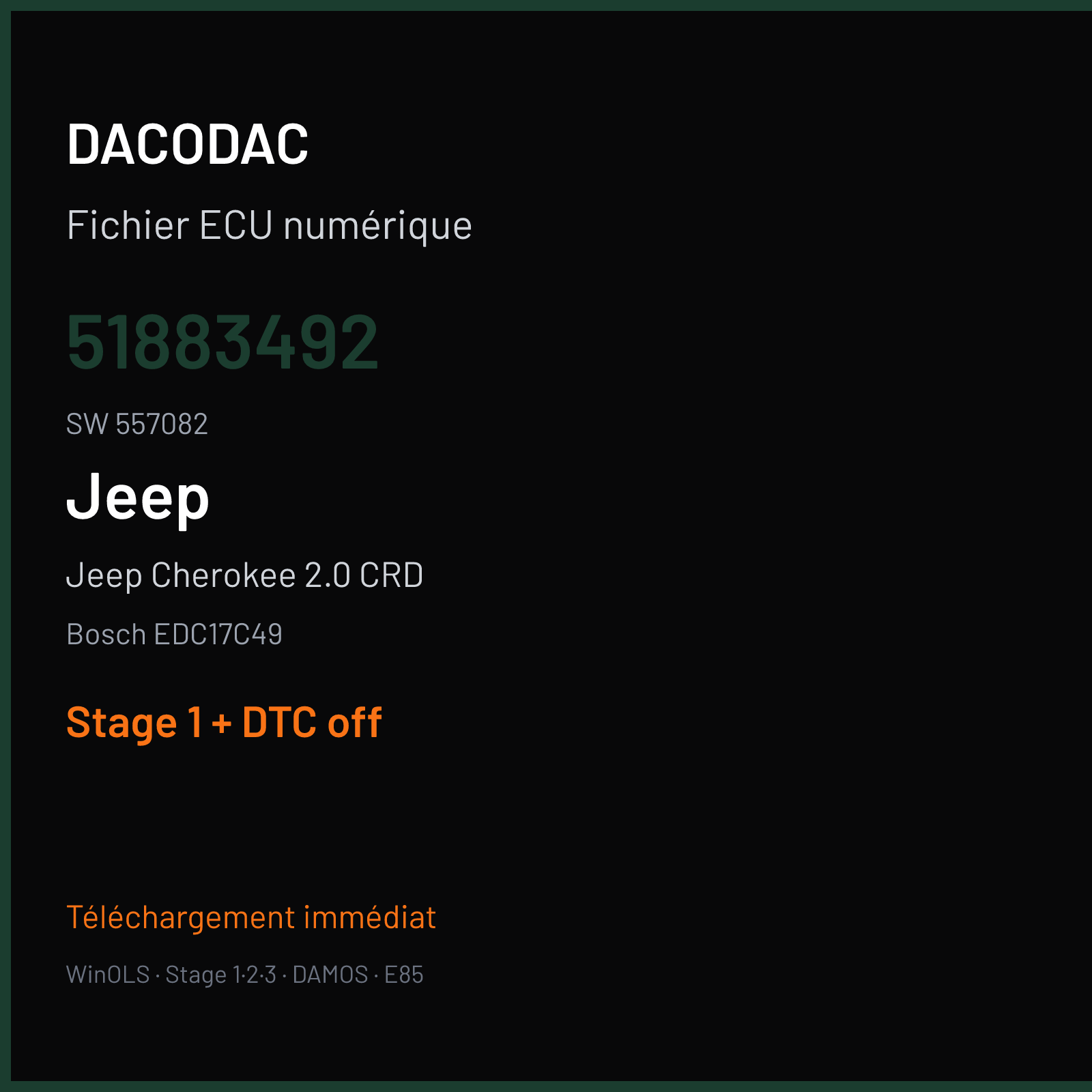 Jeep Cherokee 2.0 CRD (2014) — Bosch EDC17C49 — 51883492 · 557082 — Stage 1 + DTC off