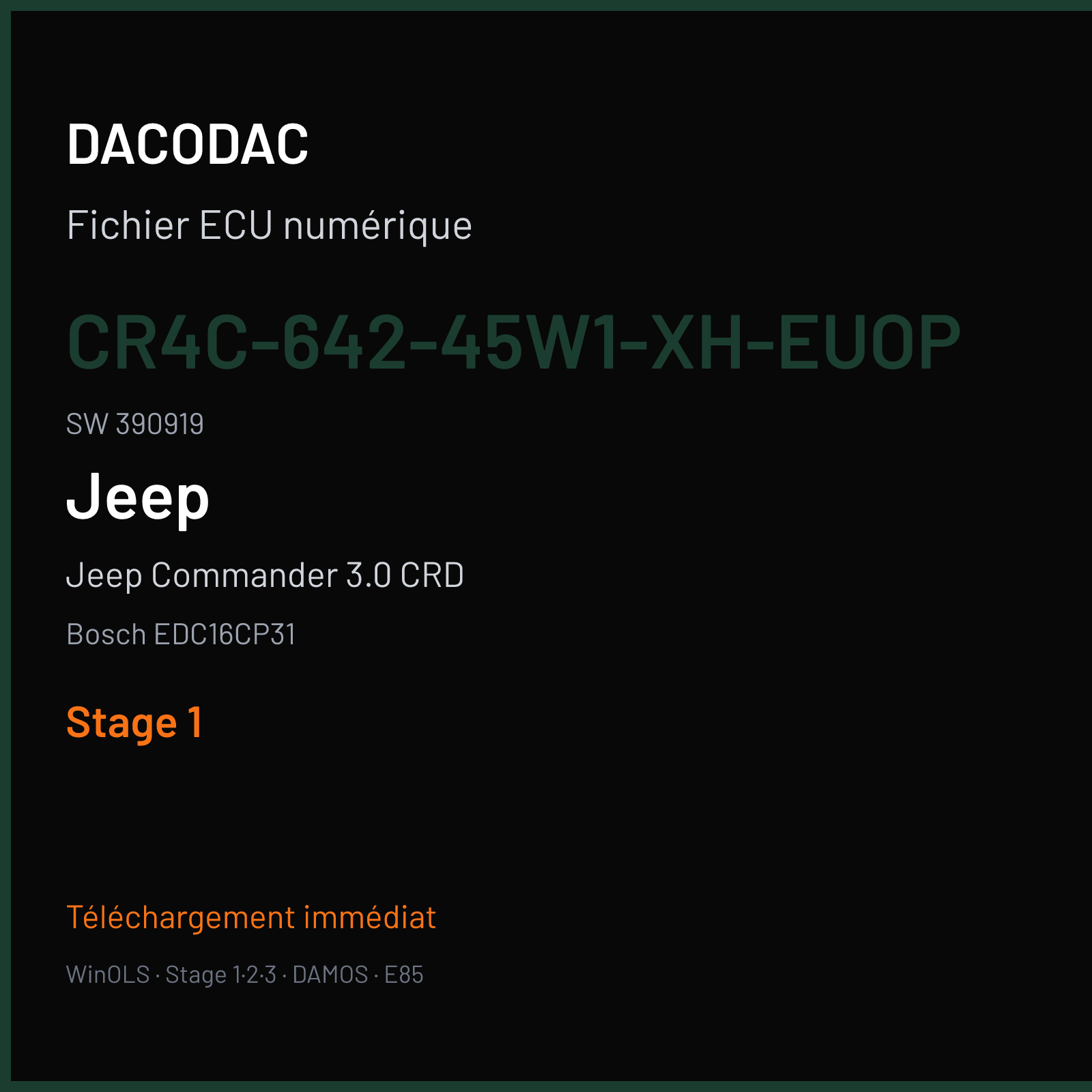 Jeep Commander 3.0 CRD (2007) — Bosch EDC16CP31 — CR4C-642-45W1-XH-EUOP · 390919 — Stage 1