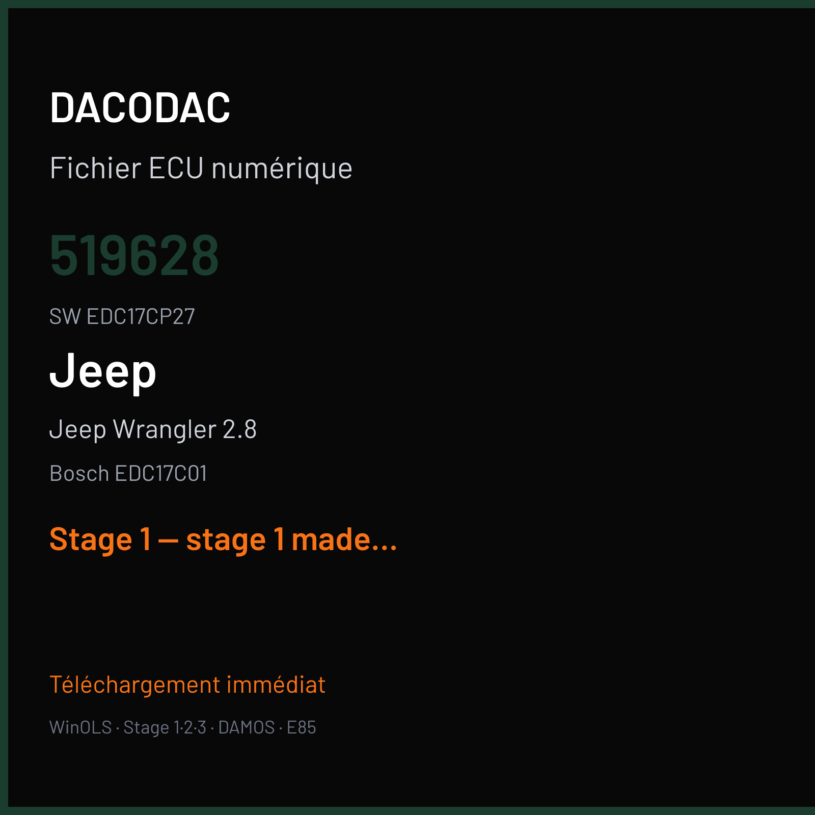 Jeep Wrangler 2.8 (2012) — Bosch EDC17C01 — 519628 · EDC17CP27 — Stage 1 — stage 1 made from working file