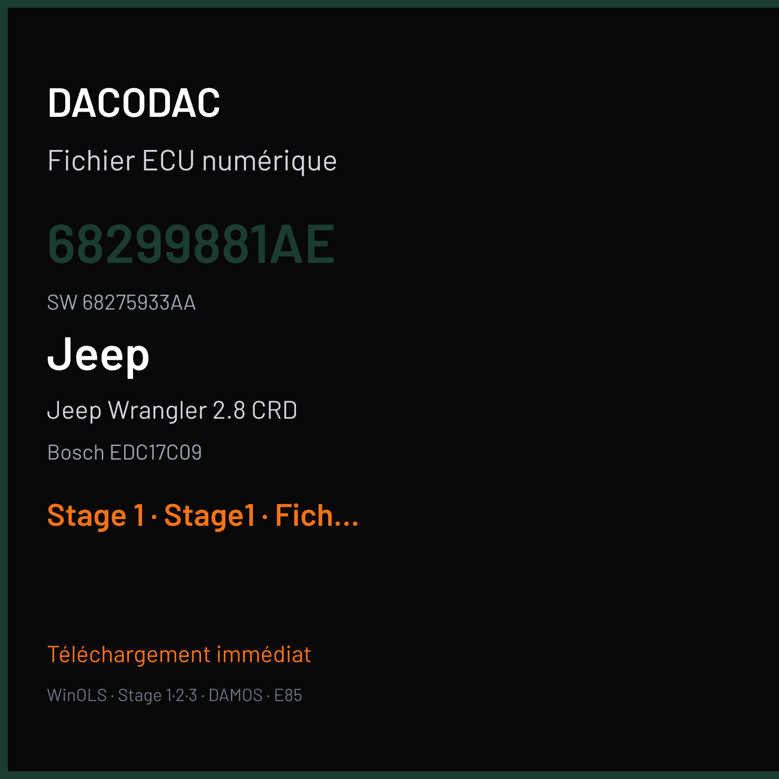 Jeep Wrangler 2.8 CRD 200 ch (2018) — Bosch EDC17C09 — 68299881AE · 68275933AA · 10SW027347 P140J145 — Stage 1