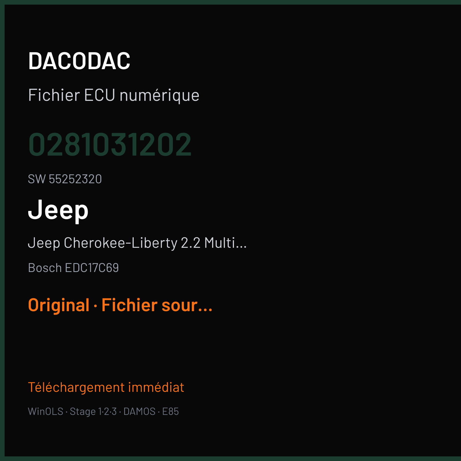 Jeep Cherokee-Liberty 2.2 MultiJet II 200 ch (2017) — Bosch EDC17C69 — 0281031202 · 55252320 · 1037561442 1264B132 — Original