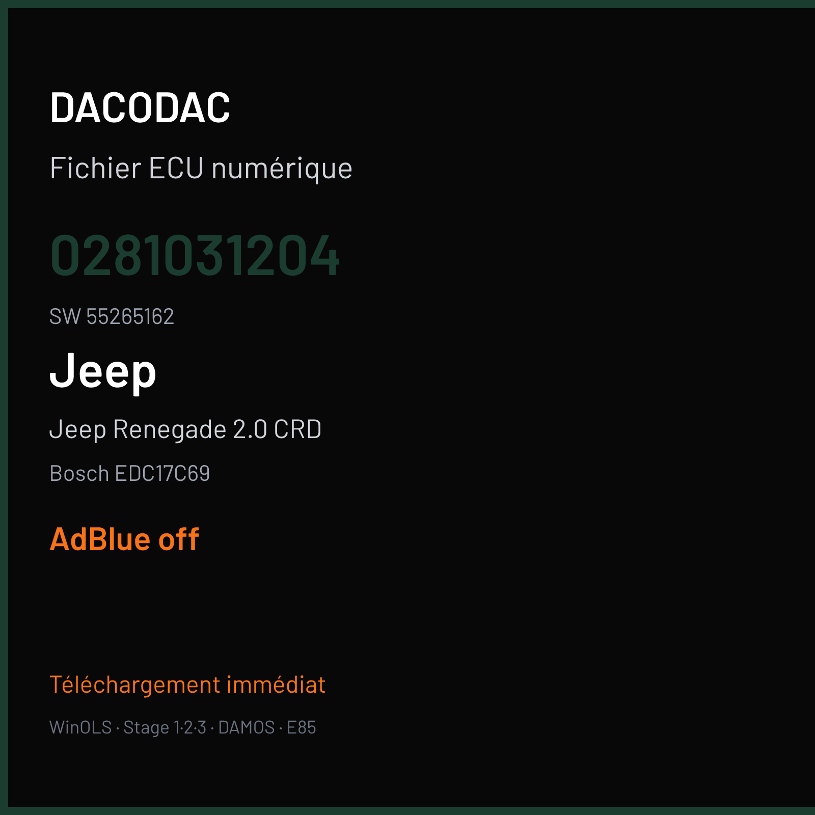 Jeep Renegade 2.0 CRD 140 ch (2015) — Bosch EDC17C69 — 0281031204 · 55265162 · 015599 — ADBLUE off