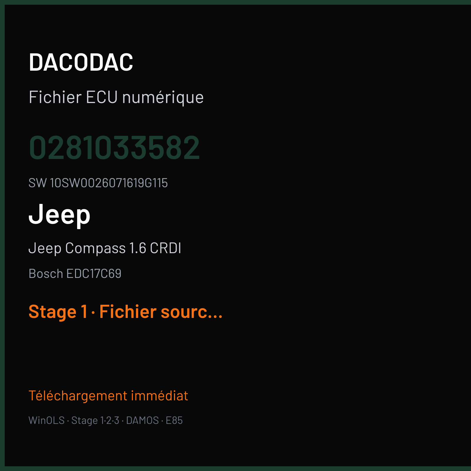 Jeep Compass 1.6 CRDI 120 ch (2018) — Bosch EDC17C69 — 0281033582 · 10SW0026071619G115 · 024149 — Stage 1