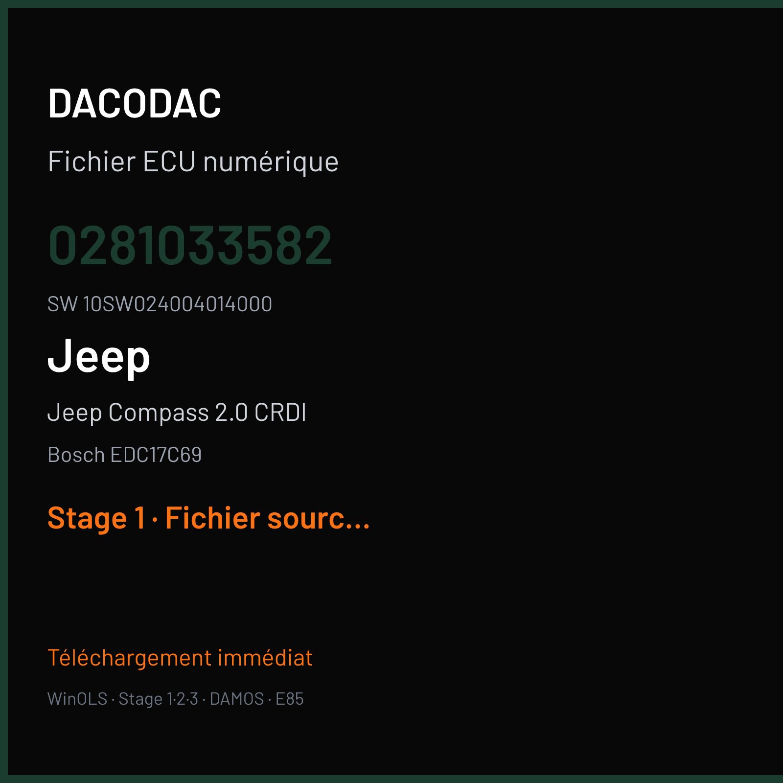 Jeep Compass 2.0 CRDI 140 ch (2018) — Bosch EDC17C69 — 0281033582 · 10SW024004014000 · 024004 — Stage 1