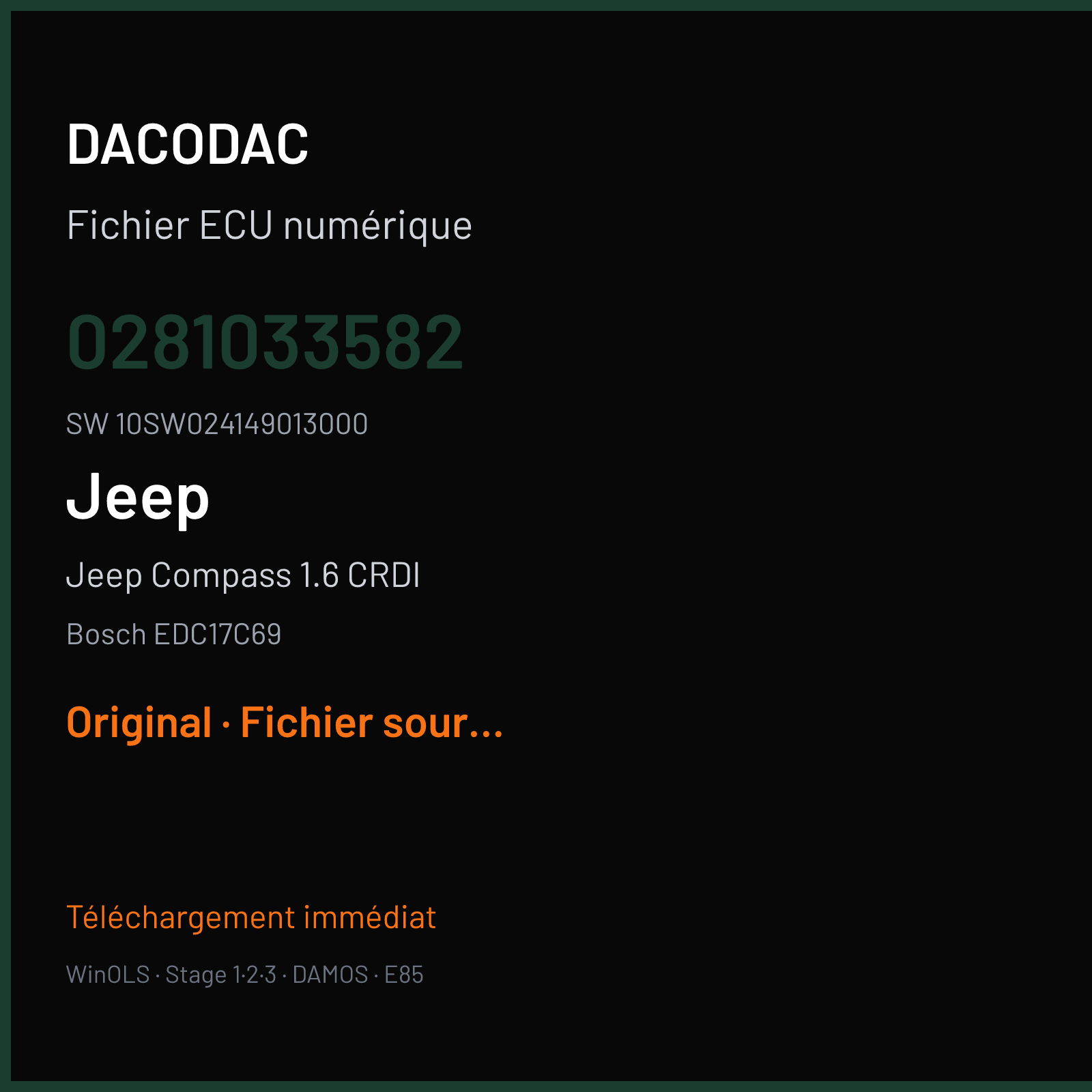 Jeep Compass 1.6 CRDI 120 ch (2018) — Bosch EDC17C69 — 0281033582 · 10SW024149013000 · 024149 — Original