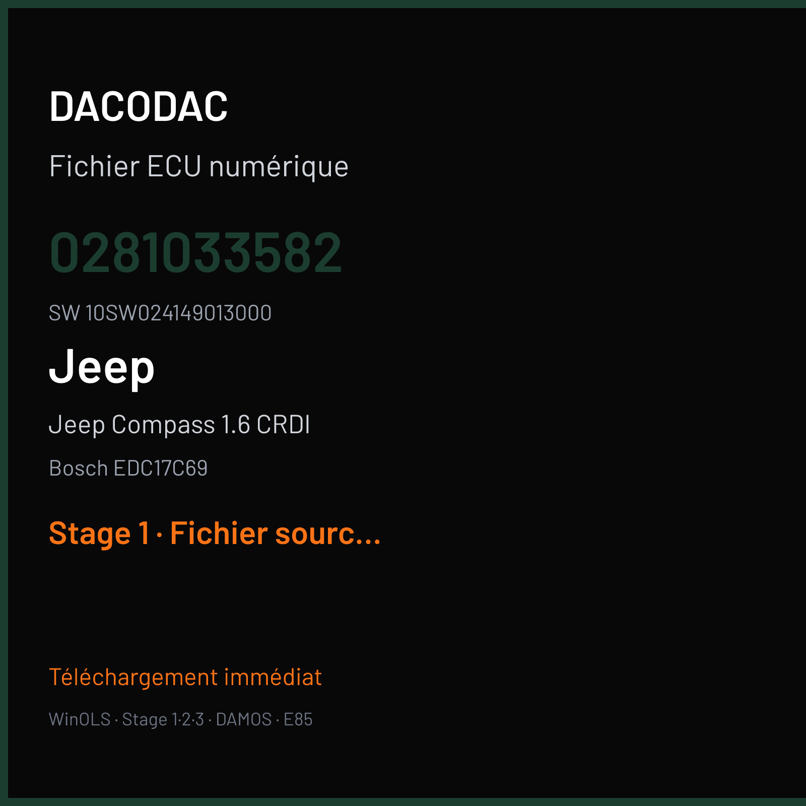 Jeep Compass 1.6 CRDI 120 ch (2018) — Bosch EDC17C69 — 0281033582 · 10SW024149013000 · 024149 — Stage 1