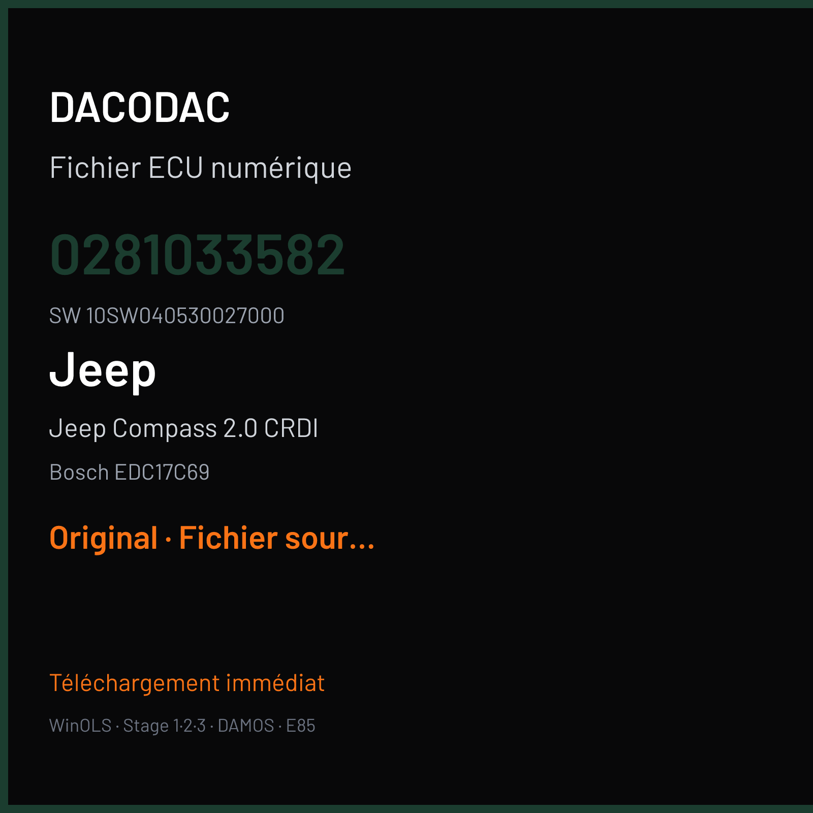 Jeep Compass 2.0 CRDI 140 ch (2018) — Bosch EDC17C69 — 0281033582 · 10SW040530027000 · 040530 — Original