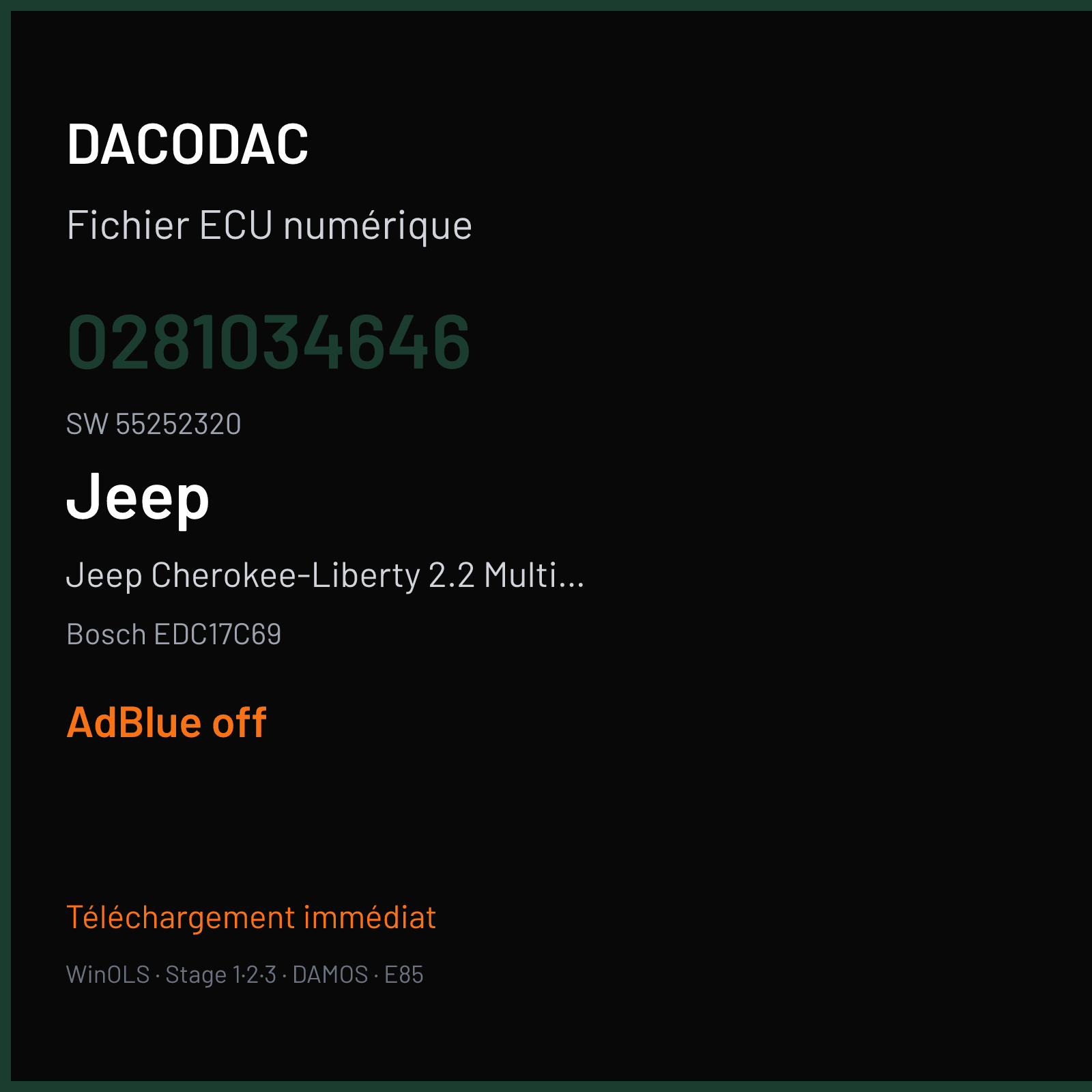 Jeep Cherokee-Liberty 2.2 MultiJet II 200 ch (2020) — Bosch EDC17C69 — 0281034646 · 55252320 · 10SW041485 1264B187 — ADBLUE off