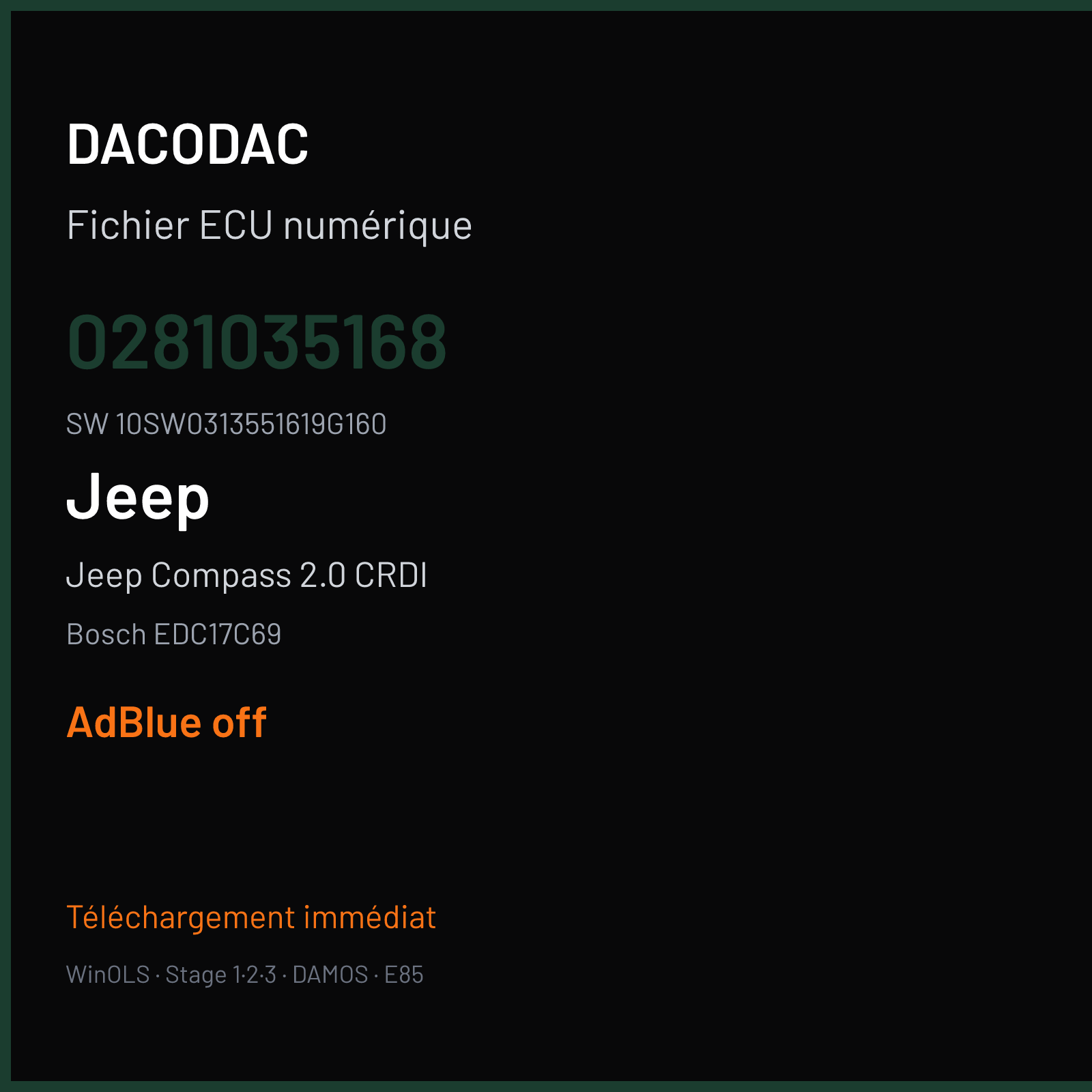 Jeep Compass 2.0 CRDI 140 ch (2018) — Bosch EDC17C69 — 0281035168 · 10SW0313551619G160 · 054446 — ADBLUE off