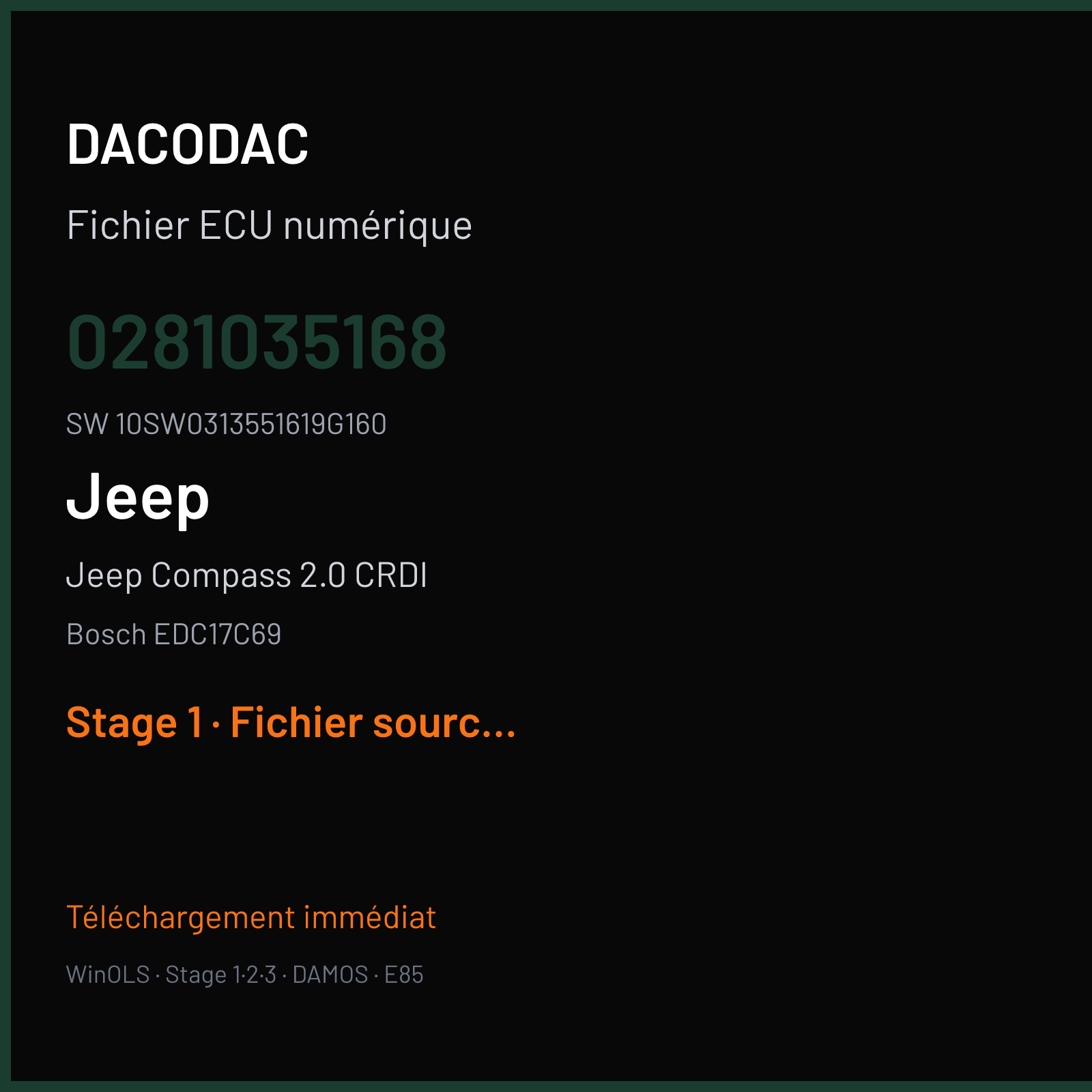 Jeep Compass 2.0 CRDI 140 ch (2018) — Bosch EDC17C69 — 0281035168 · 10SW0313551619G160 · 054446 — Stage 1