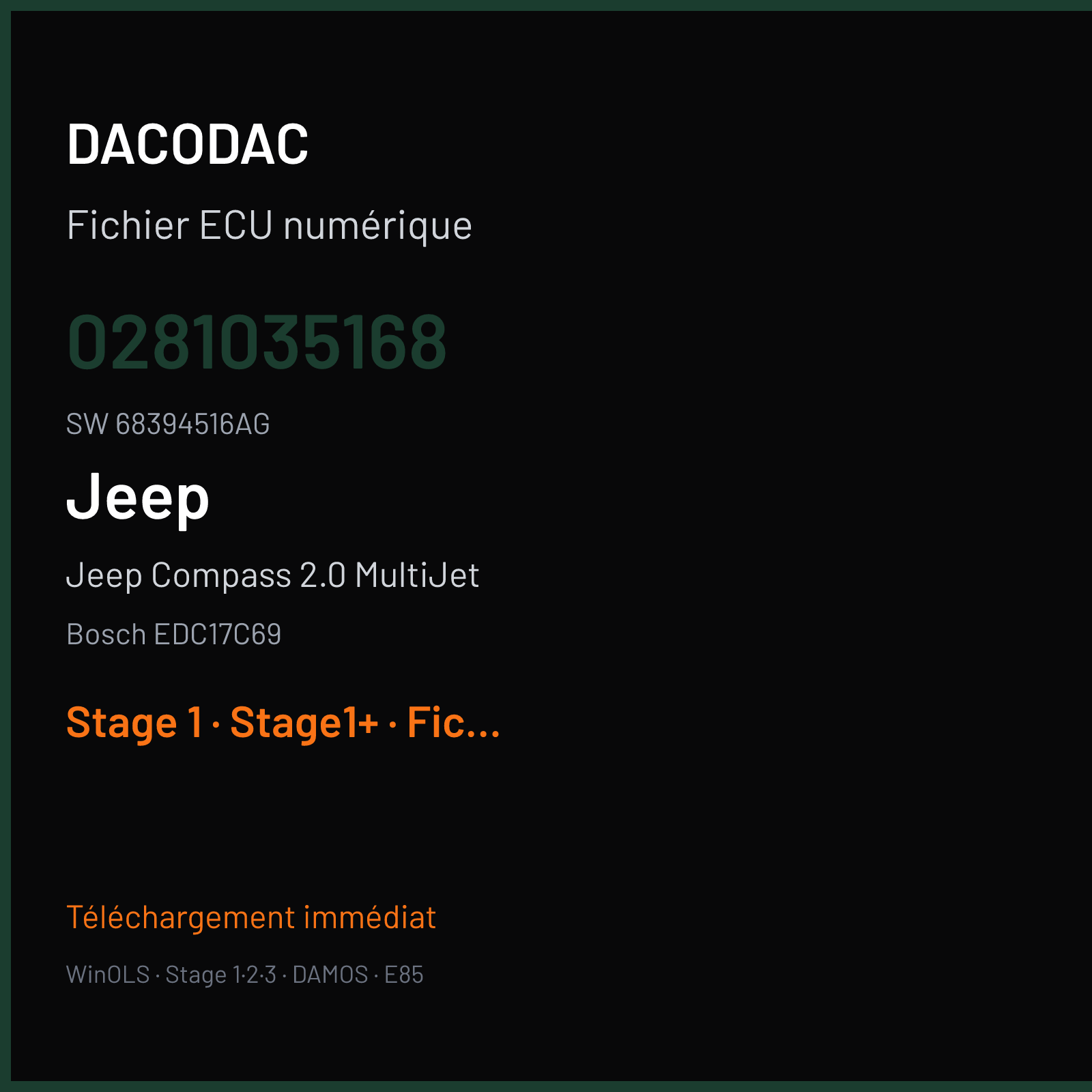 Jeep Compass 2.0 MultiJet 140 ch (2019) — Bosch EDC17C69 — 0281035168 · 68394516AG · 10SW054290 1619G197 — Stage 1