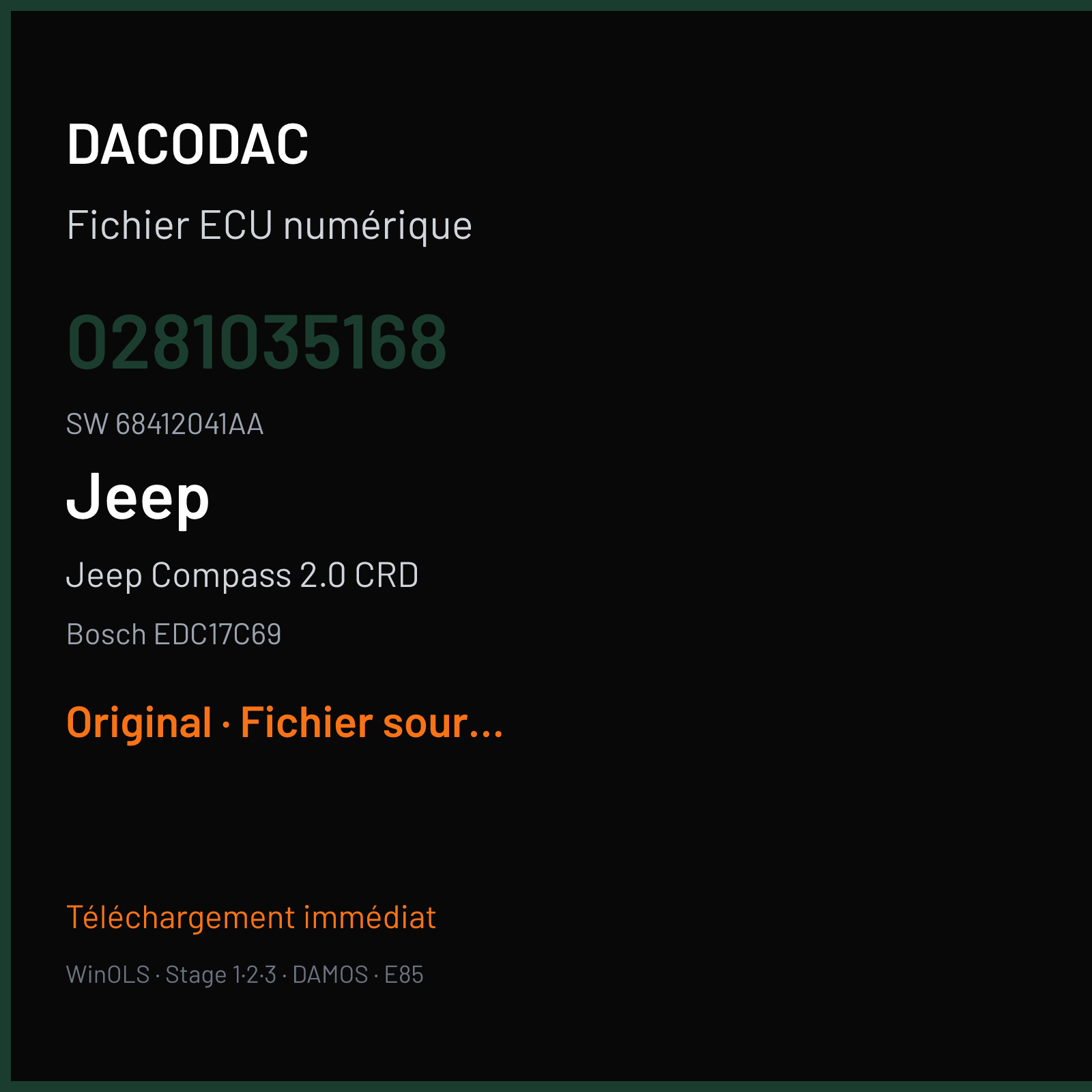 Jeep Compass 2.0 CRD 140 ch (2019) — Bosch EDC17C69 — 0281035168 · 68412041AA · 10SW058579 1619G197 — Original