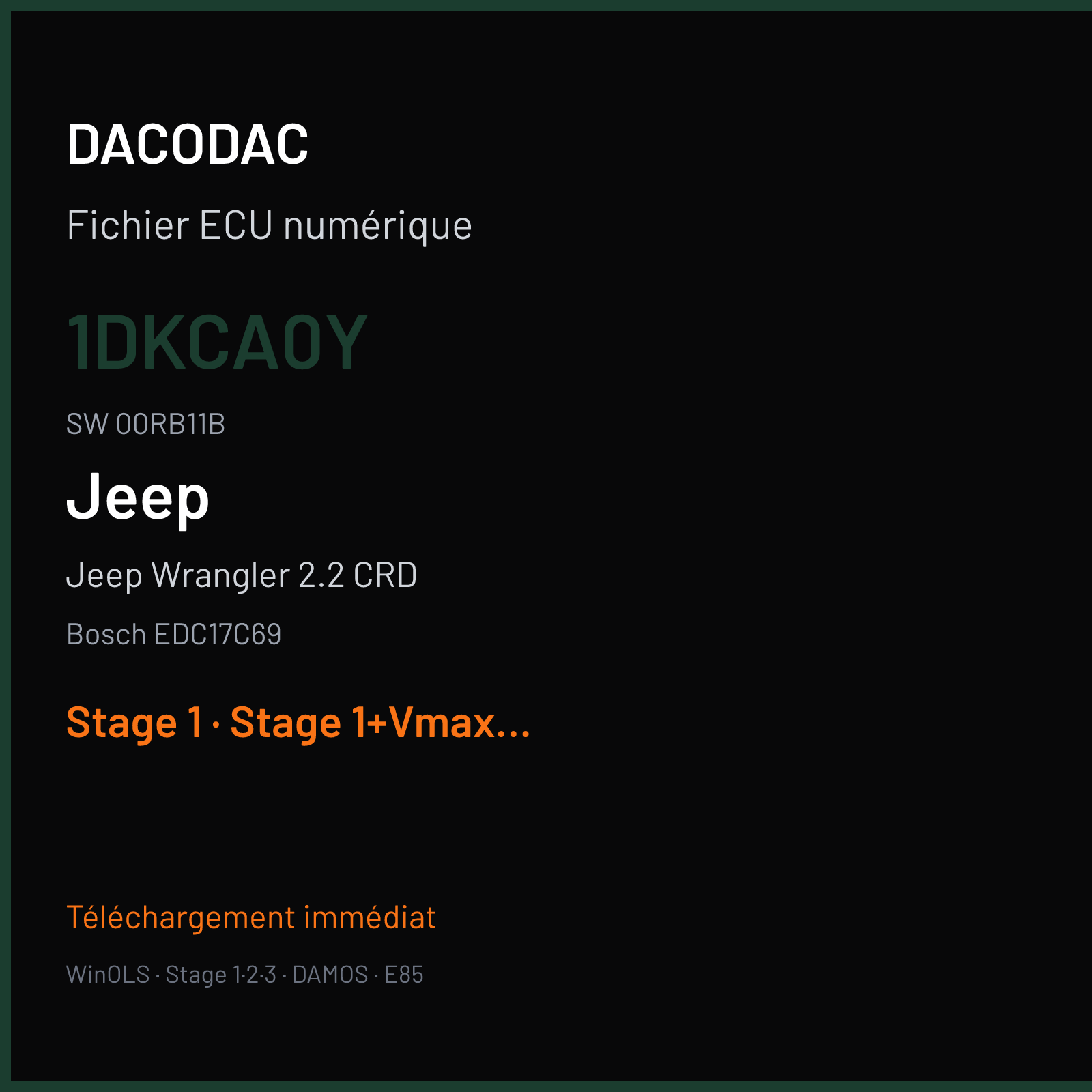 Jeep Wrangler 2.2 CRD 200 ch (2020) — Bosch EDC17C69 — 1DKCA0Y · 00RB11B · 050235 — Stage 1