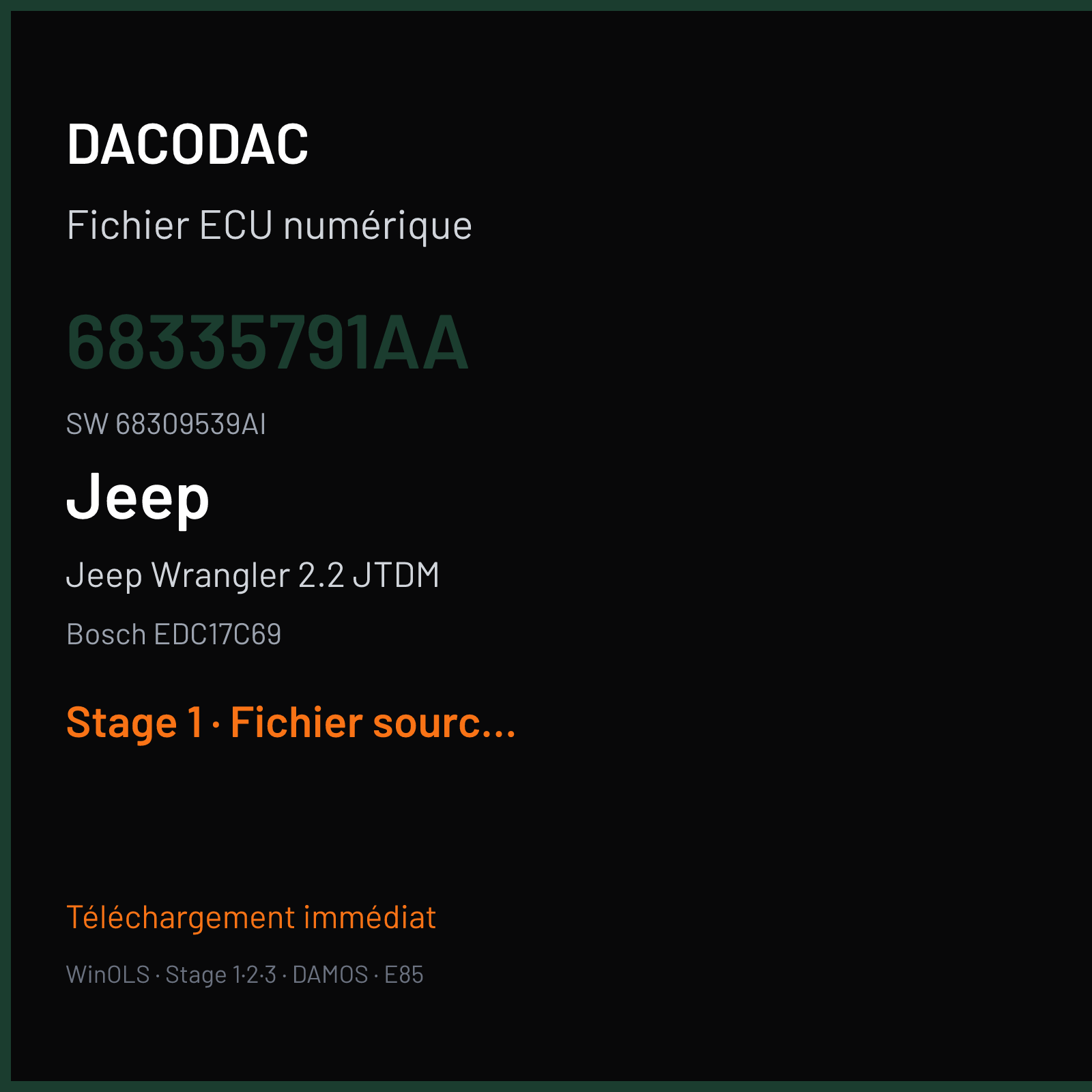 Jeep Wrangler 2.2 JTDM 200 ch (2019) — Bosch EDC17C69 — 68335791AA · 68309539AI · 046267 — Stage 1