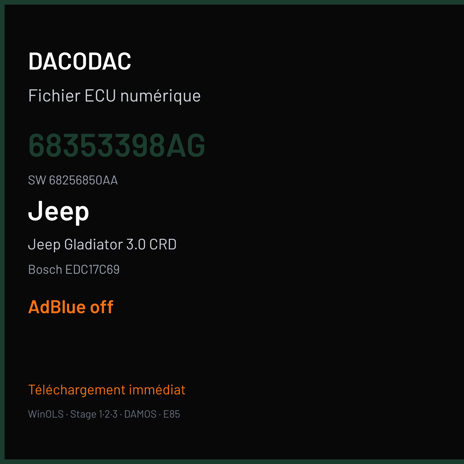 Jeep Gladiator 3.0 CRD 260 ch (2020) — Bosch EDC17C69 — 68353398AG · 68256850AA · 10SW085733 1502K172 — ADBLUE off