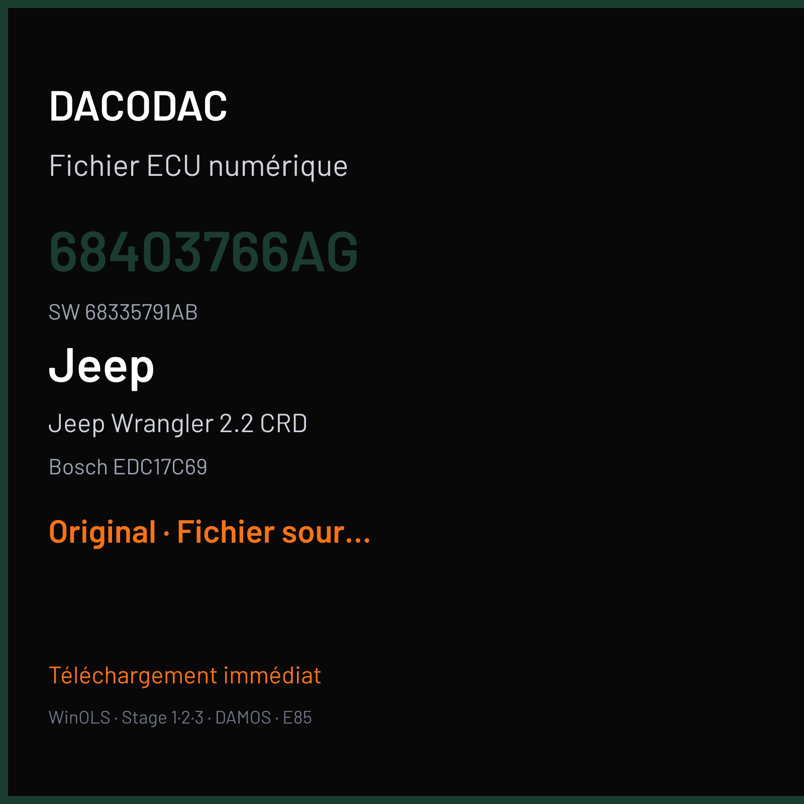 Jeep Wrangler 2.2 CRD 200 ch (2020) — Bosch EDC17C69 — 68403766AG · 68335791AB · 10SW050237 1658R064 — Original