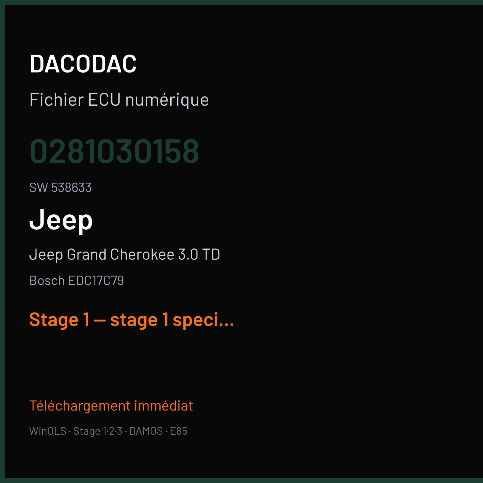 Jeep Grand Cherokee 3.0 TD (2015) — Bosch EDC17C79 — 0281030158 · 538633 — Stage 1 — stage 1 special request full dtc patch is ok works