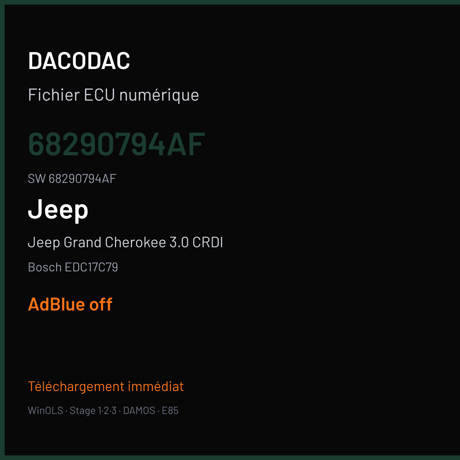 Jeep Grand Cherokee 3.0 CRDI 190 ch (2018) — Bosch EDC17C79 — 68290794AF · 68290794AF · 002574 — ADBLUE off