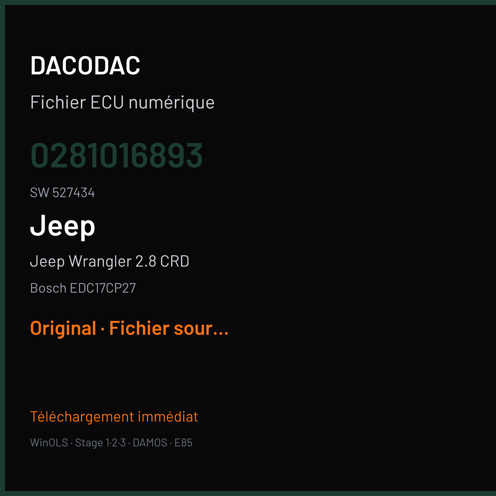 Jeep Wrangler 2.8 CRD (2015) — Bosch EDC17CP27 — 0281016893 · 527434 — Original