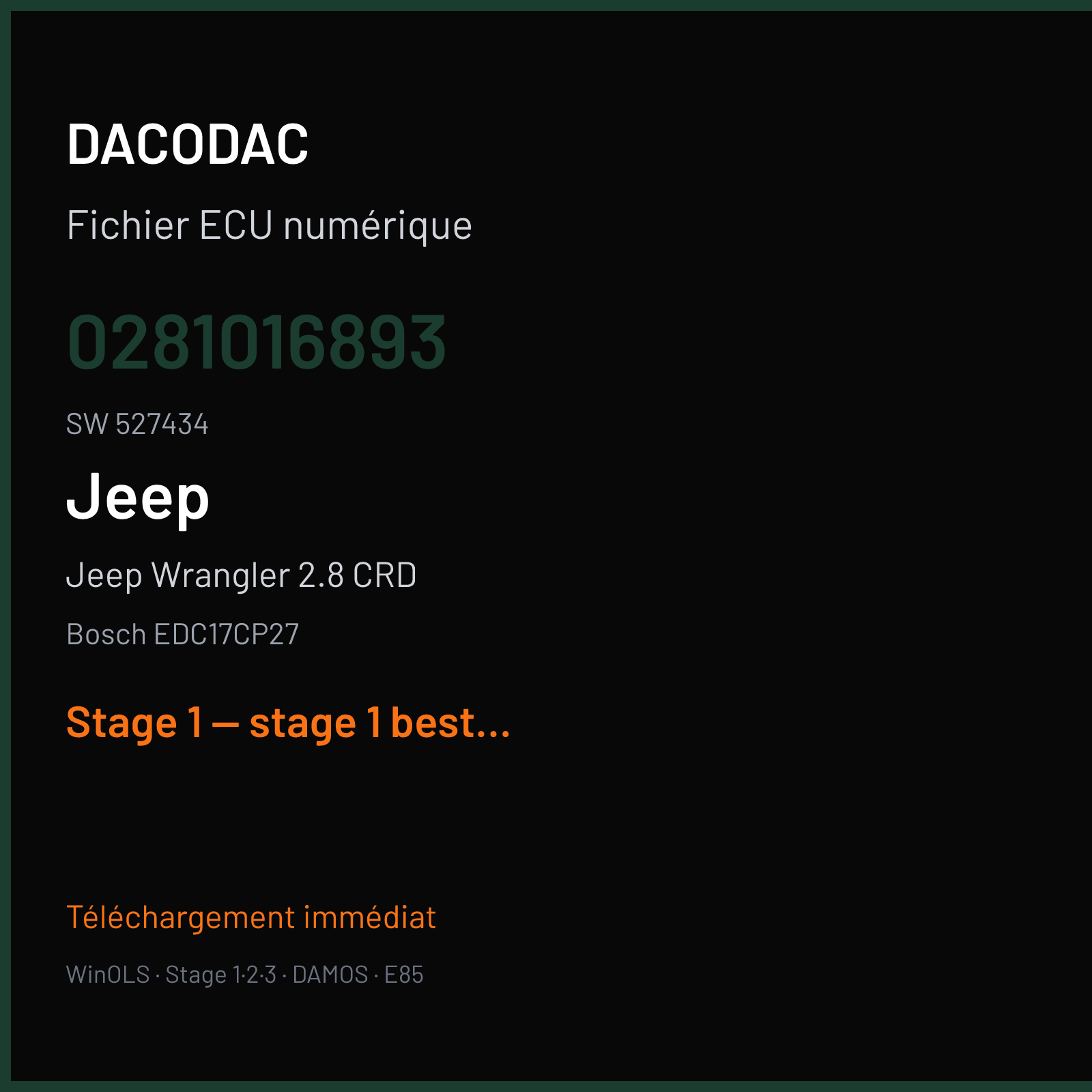 Jeep Wrangler 2.8 CRD (2015) — Bosch EDC17CP27 — 0281016893 · 527434 — Stage 1 — stage 1 best file working good