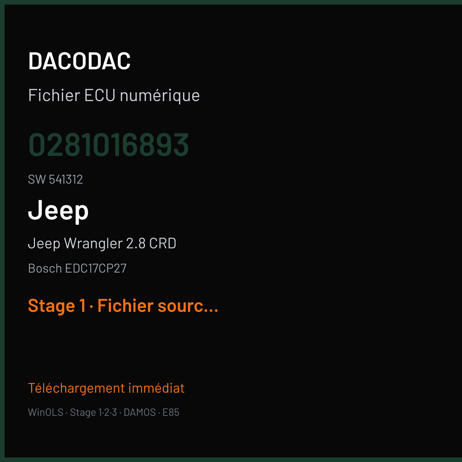 Jeep Wrangler 2.8 CRD (2014) — Bosch EDC17CP27 — 0281016893 · 541312 — Stage 1