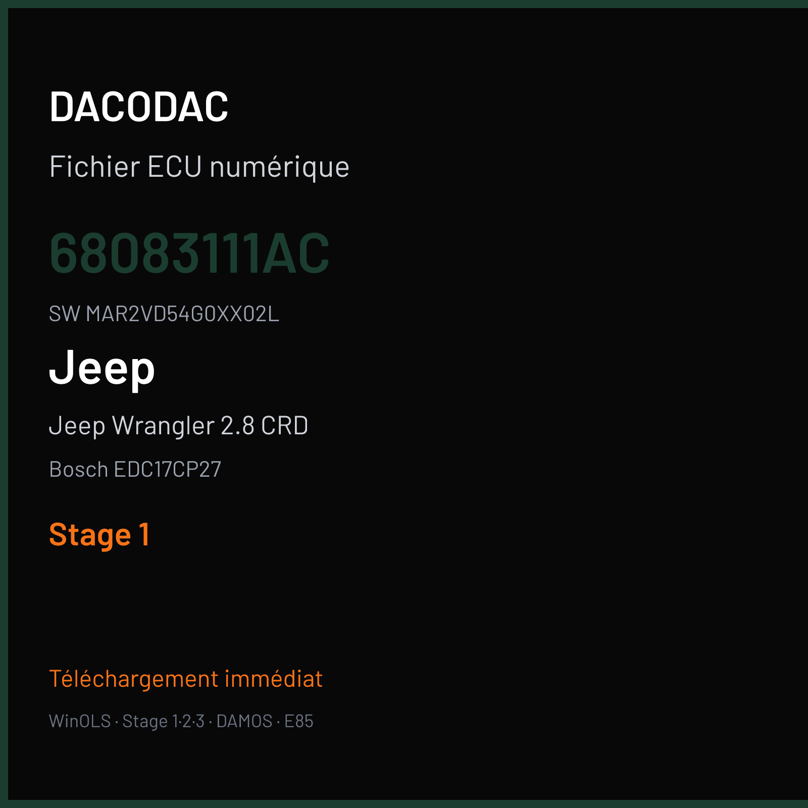 Jeep Wrangler 2.8 CRD 163 ch (2012) — Bosch EDC17CP27 — 68083111AC · MAR2VD54G0XX02L · 519634 — Stage 1