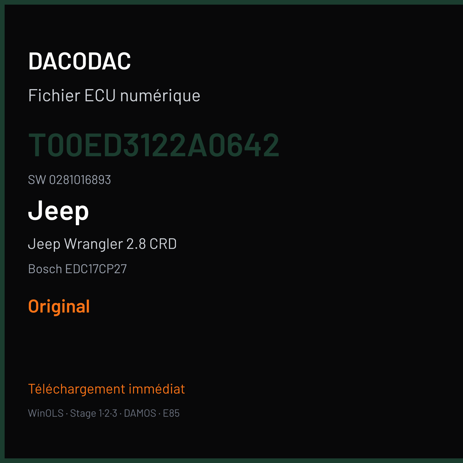 Jeep Wrangler 2.8 CRD 200 ch (2014) — Bosch EDC17CP27 — T00ED3122A0642 · 0281016893 · 541312 — Original