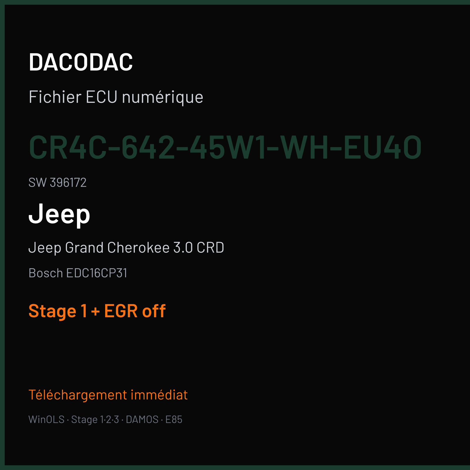 Jeep Grand Cherokee 3.0 CRD (2012) — Bosch EDC16CP31 — CR4C-642-45W1-WH-EU4O · 396172 — Stage 1 + EGR off