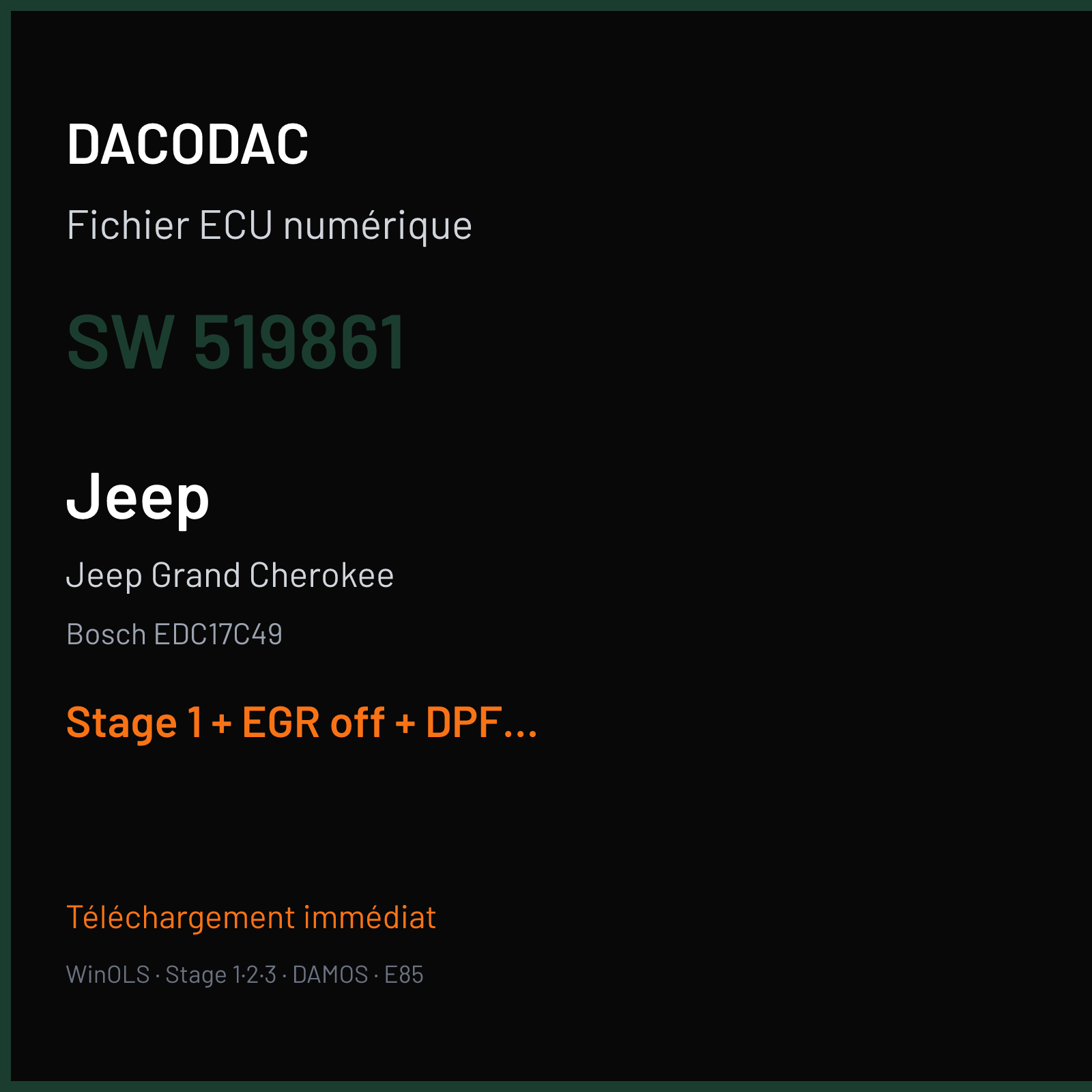 Jeep Grand Cherokee (2011) — Bosch EDC17C49 — 519861 — Stage 1 + EGR off + DPF off + VMAX off