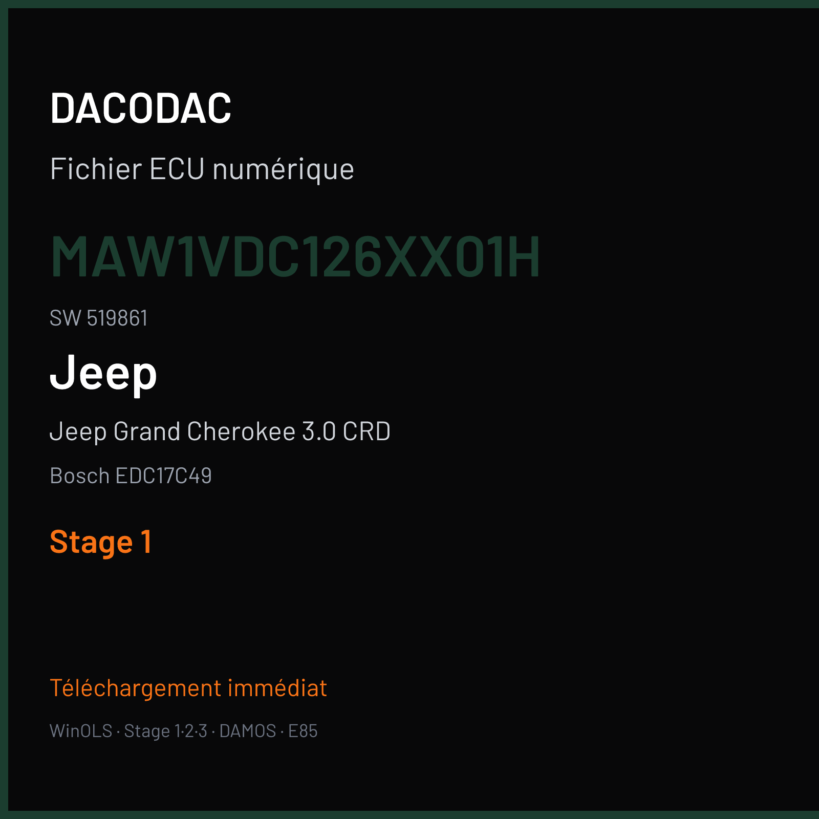 Jeep Grand Cherokee 3.0 CRD (2012) — Bosch EDC17C49 — MAW1VDC126XX01H · 519861 — Stage 1