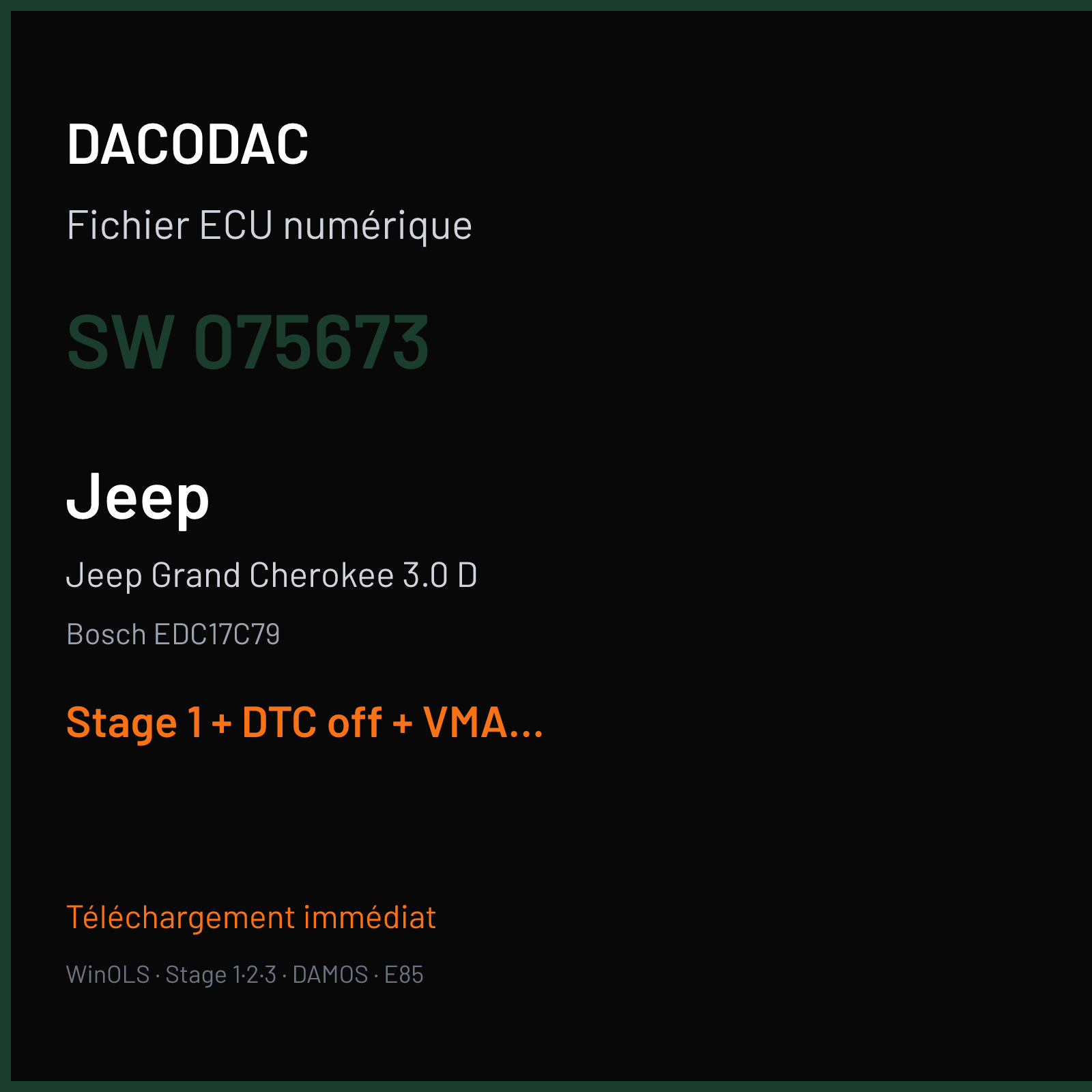 Jeep Grand Cherokee 3.0 D (2014) — Bosch EDC17C79 — 075673 — Stage 1 + DTC off + VMAX off