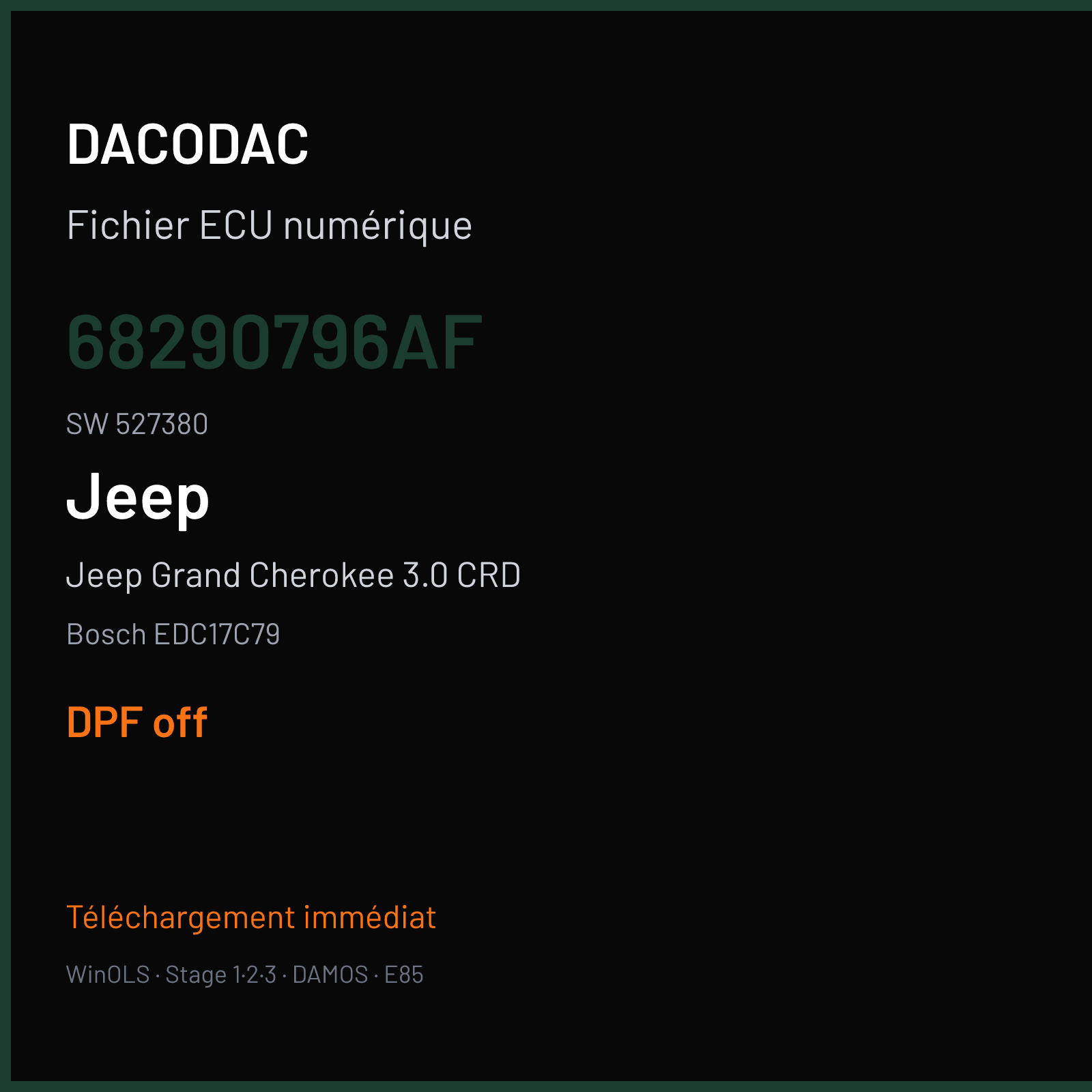 Jeep Grand Cherokee 3.0 CRD (2017) — Bosch EDC17C79 — 68290796AF · 527380 — DPF off