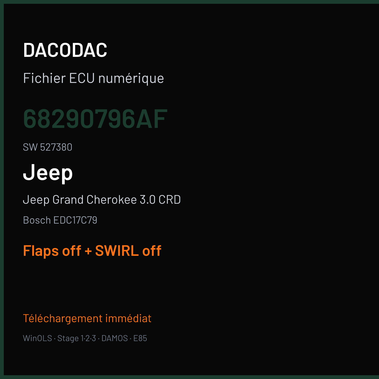 Jeep Grand Cherokee 3.0 CRD (2017) — Bosch EDC17C79 — 68290796AF · 527380 — Flaps off + SWIRL off