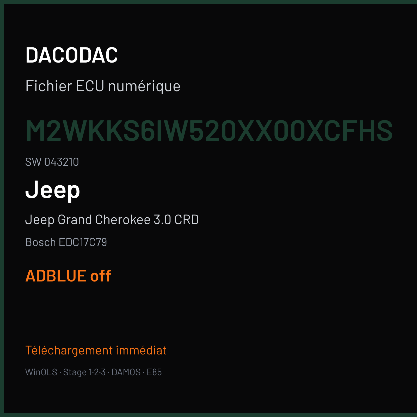Jeep Grand Cherokee 3.0 CRD (2019) — Bosch EDC17C79 — M2WKKS6IW520XX00XCFHS · 043210 — ADBLUE off