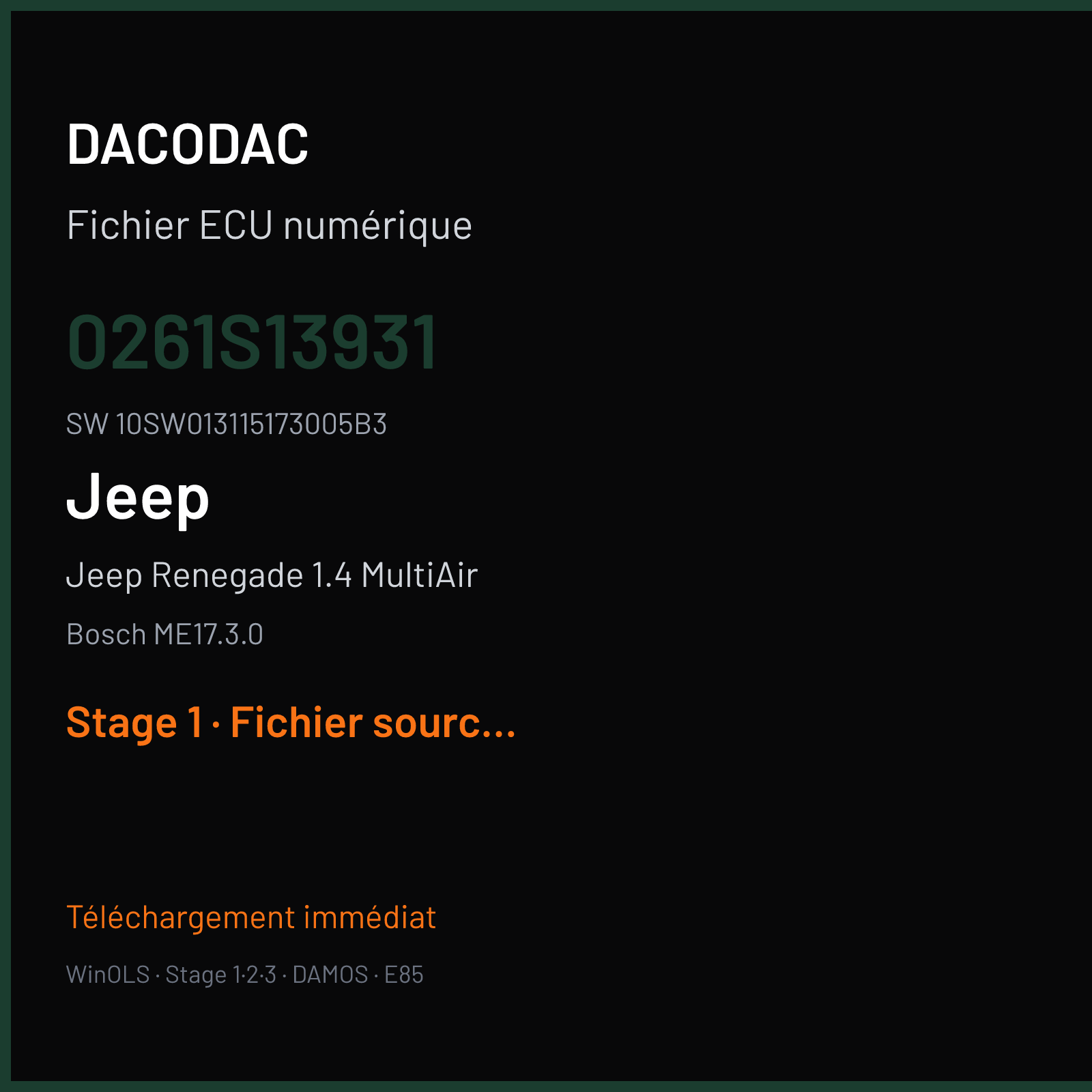 Jeep Renegade 1.4 MultiAir 150 ch (2016) — Bosch ME17.3.0 — 0261S13931 · 10SW013115173005B3 · 042751 — Stage 1