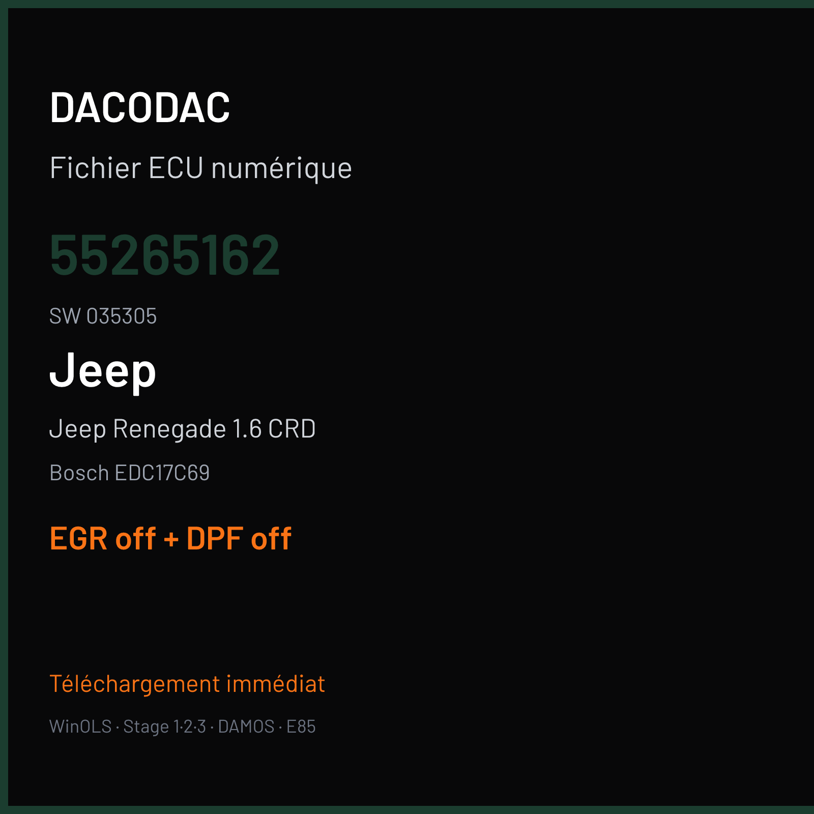 Jeep Renegade 1.6 CRD (2016) — Bosch EDC17C69 — 55265162 · 035305 — EGR off + DPF off